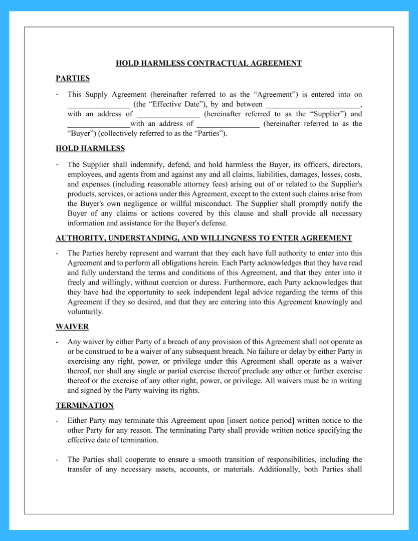 Free Hold Harmless Agreement Template