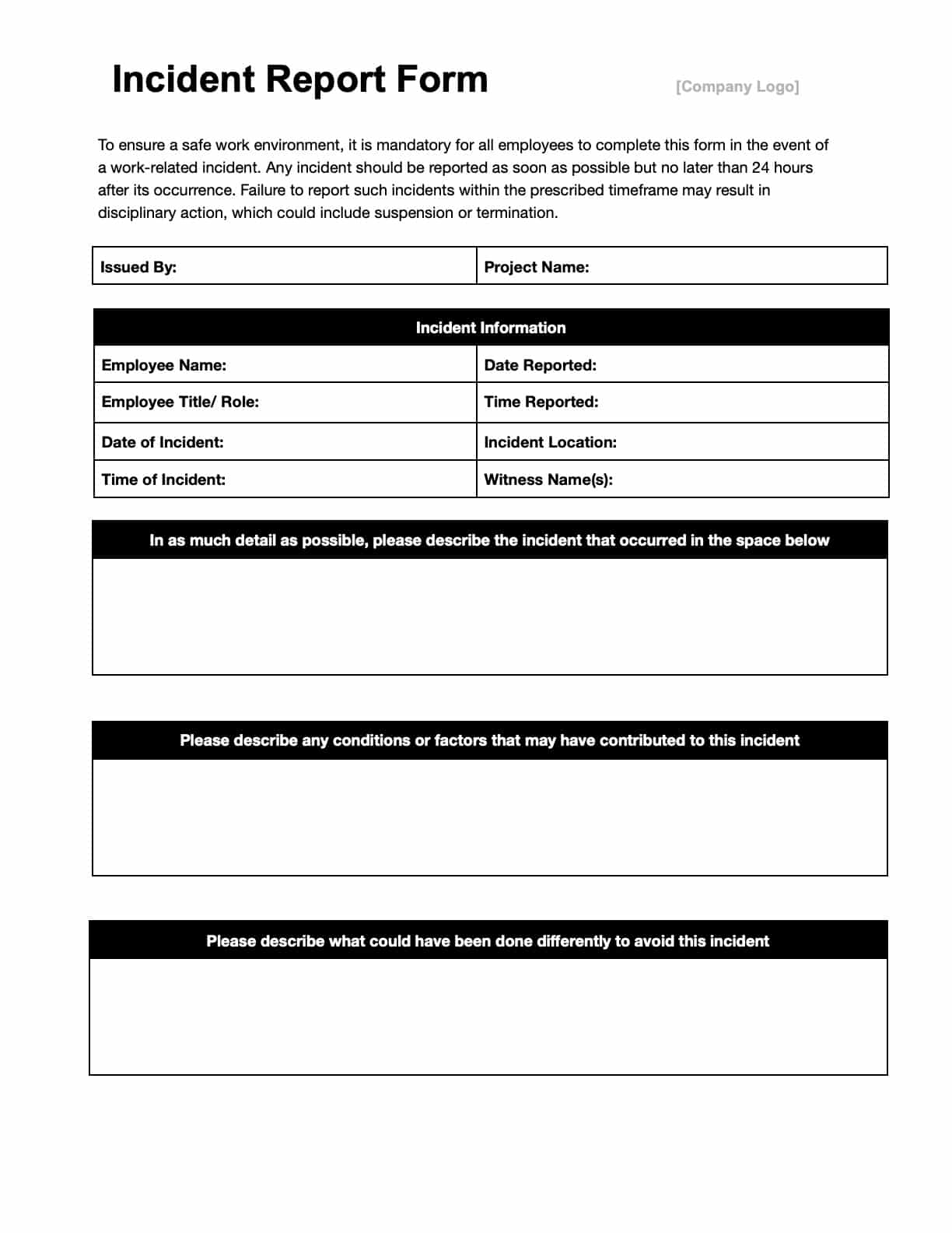 Report Form Template Word
