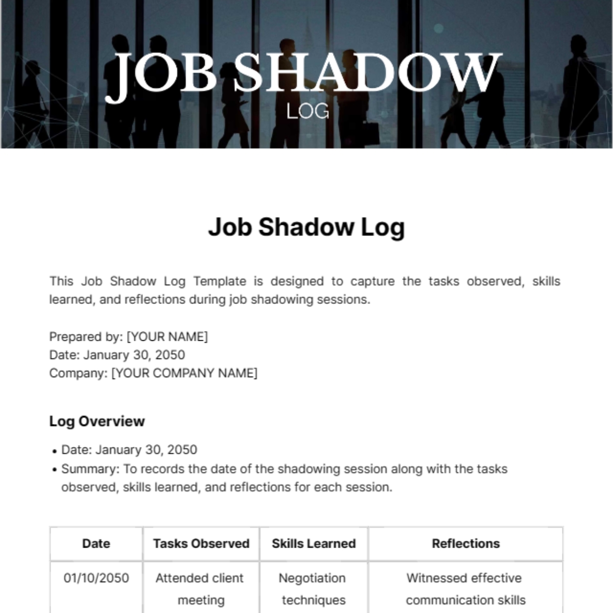 Free Job Shadow Log Template To Edit Online