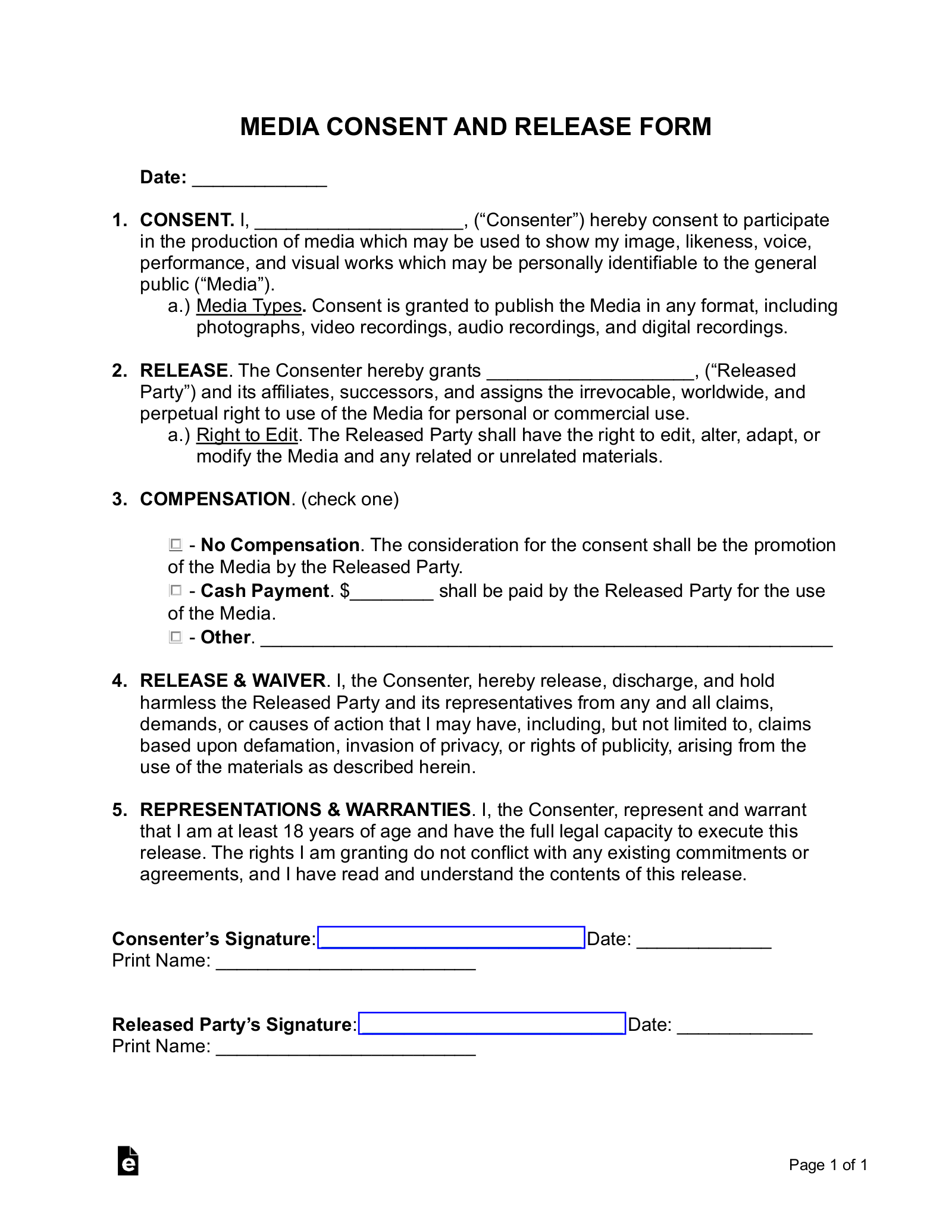 Free Media Liability Release Form PDF Word EForms
