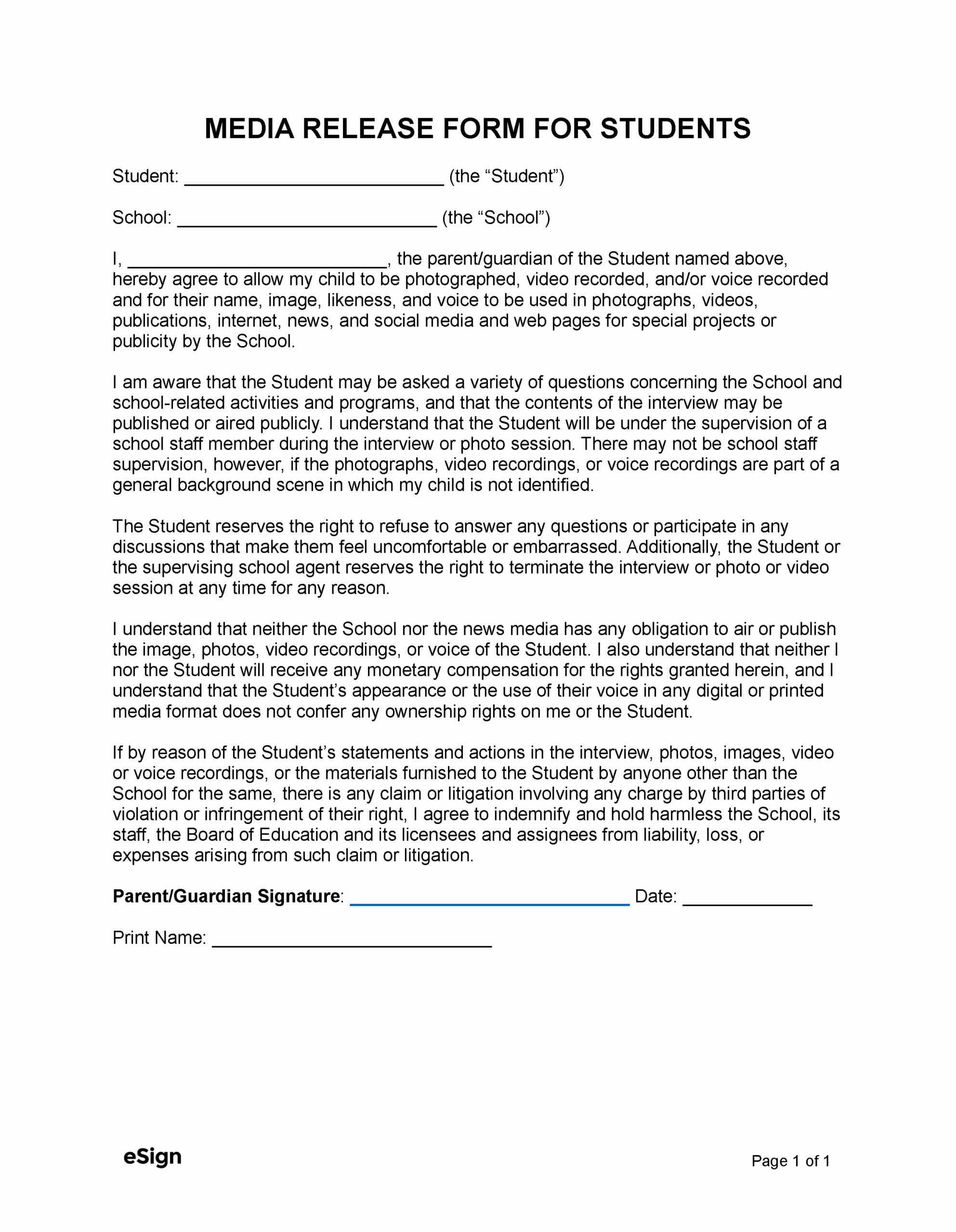 Free Media Release Form for Students PDF Word
