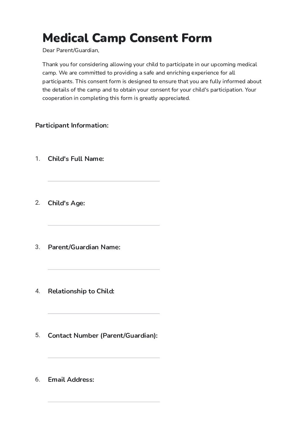 Free Medical Camp Consent Form Template In Google Forms