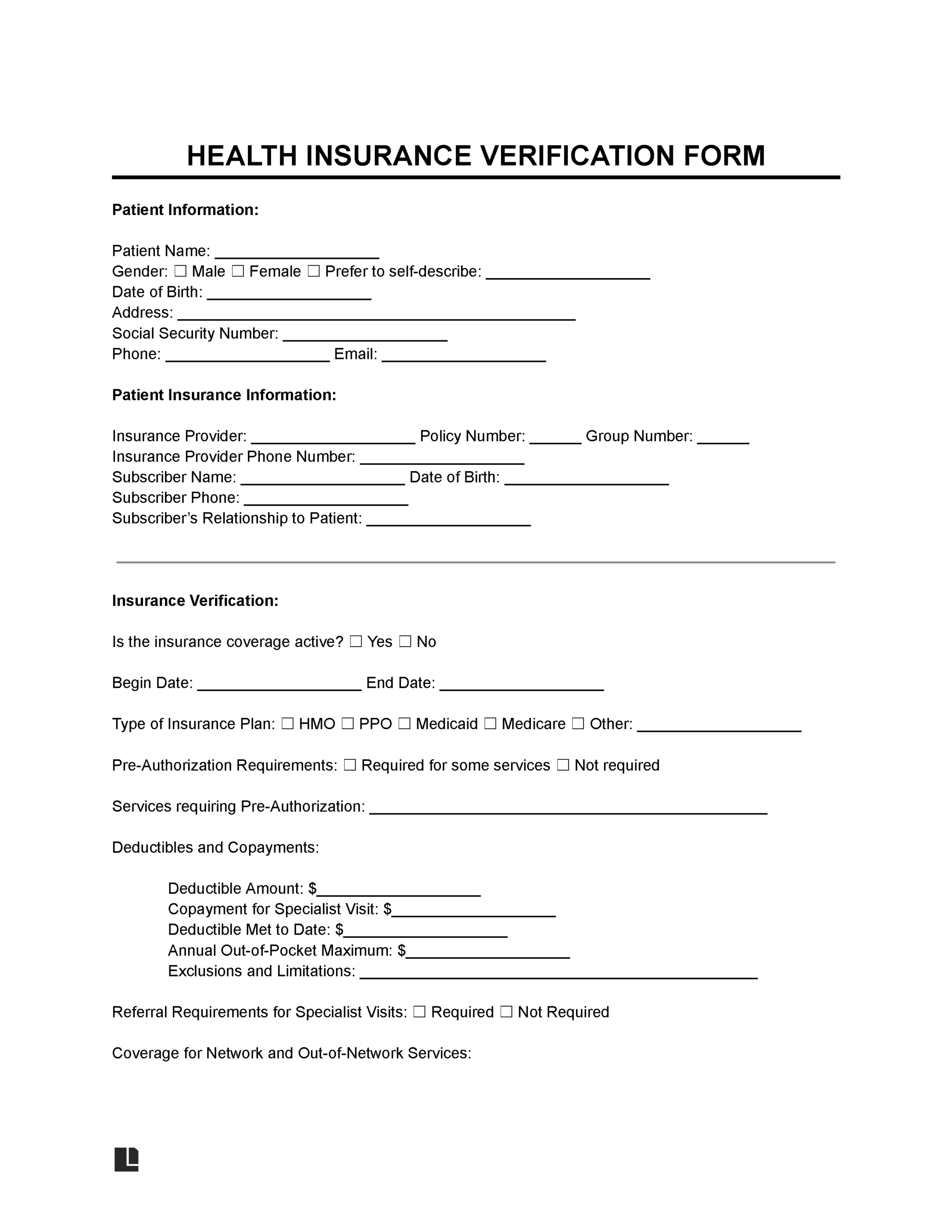 Free Medical Health Insurance Verification Form PDF U0026 Word