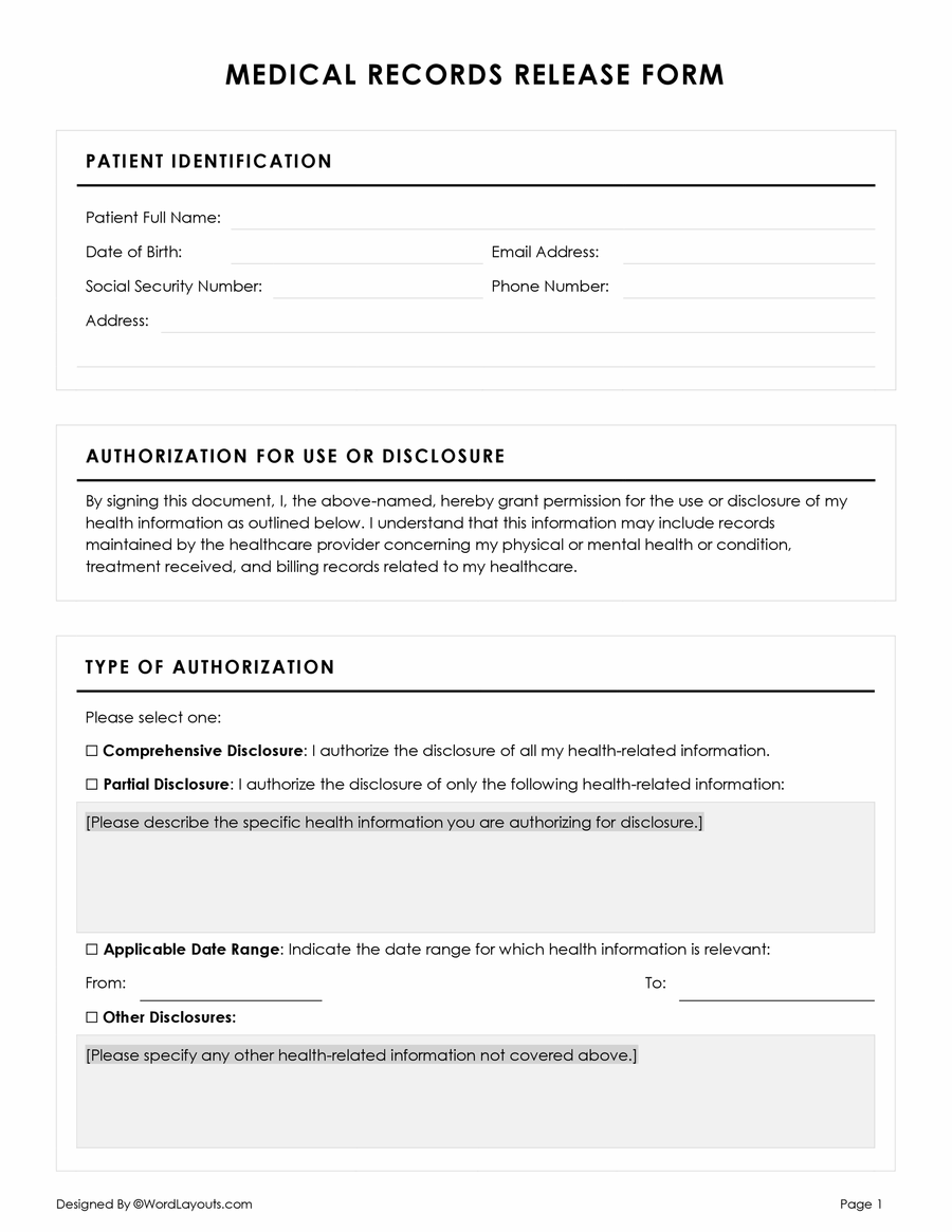 Free Medical Records Release Authorization Forms WordLayouts