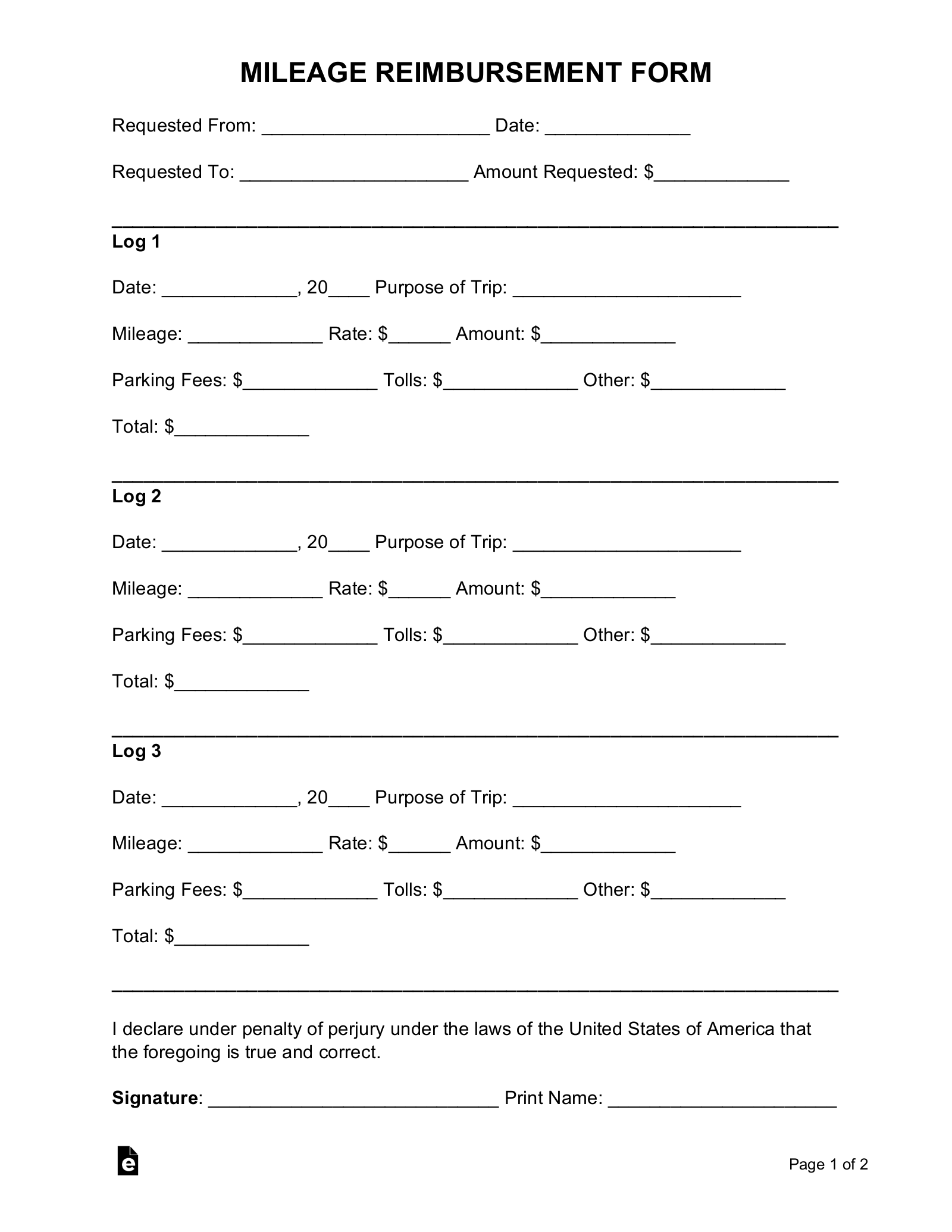 Mileage Reimbursement Forms Template
