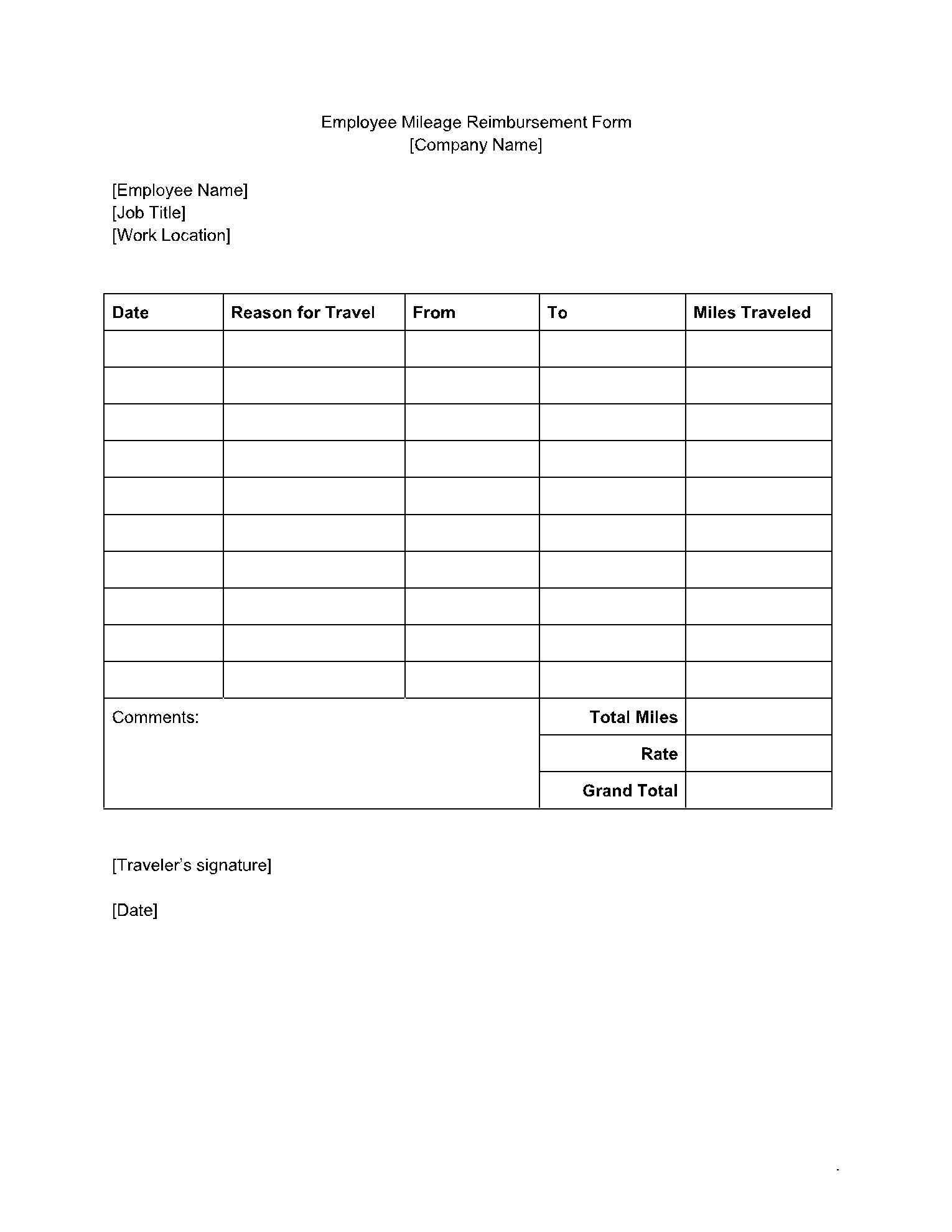 Travel Reimbursement Form Template