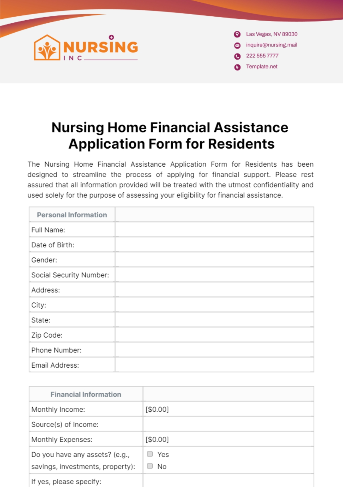 Financial Assistance Form Template