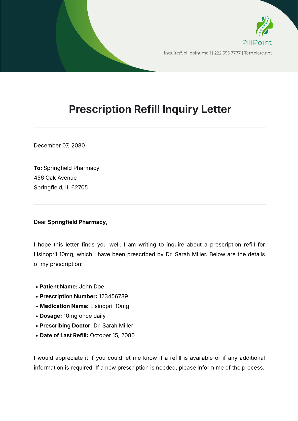 Free Prescription Refill Inquiry Letter Template To Edit Online