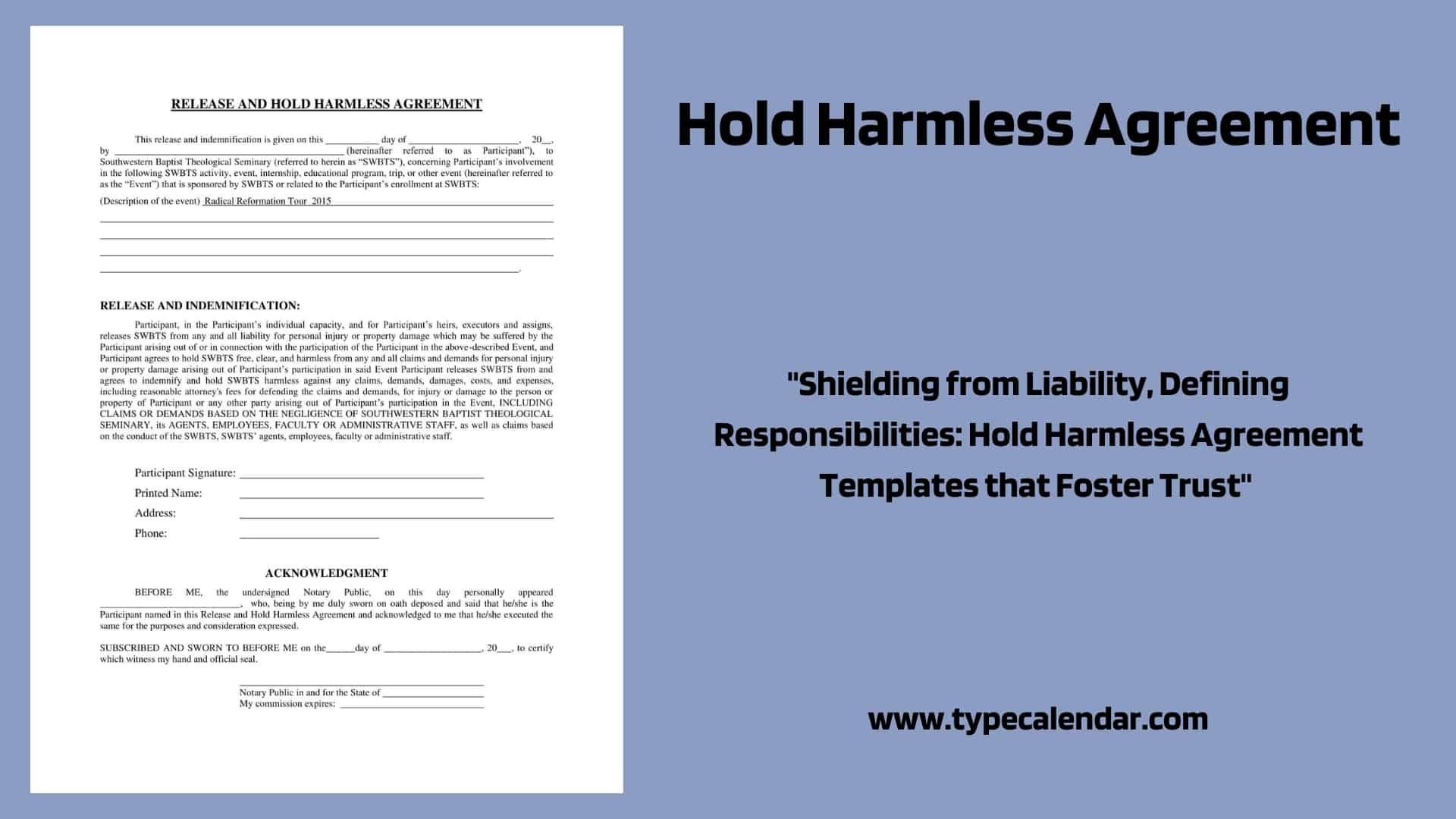 Free Printable Hold Harmless Agreement Templates PDF Word Real Estate