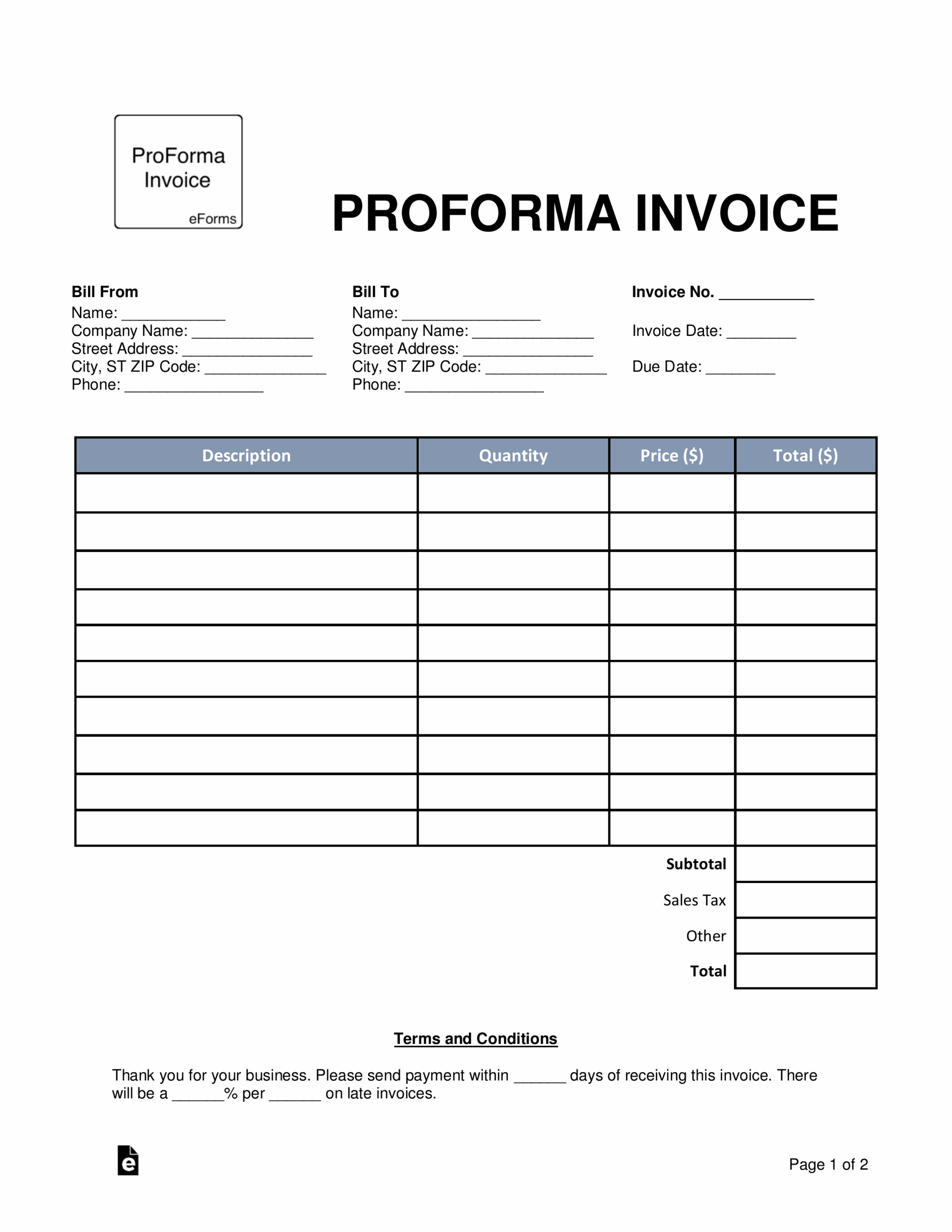 Free ProForma Invoice Template PDF Word EForms