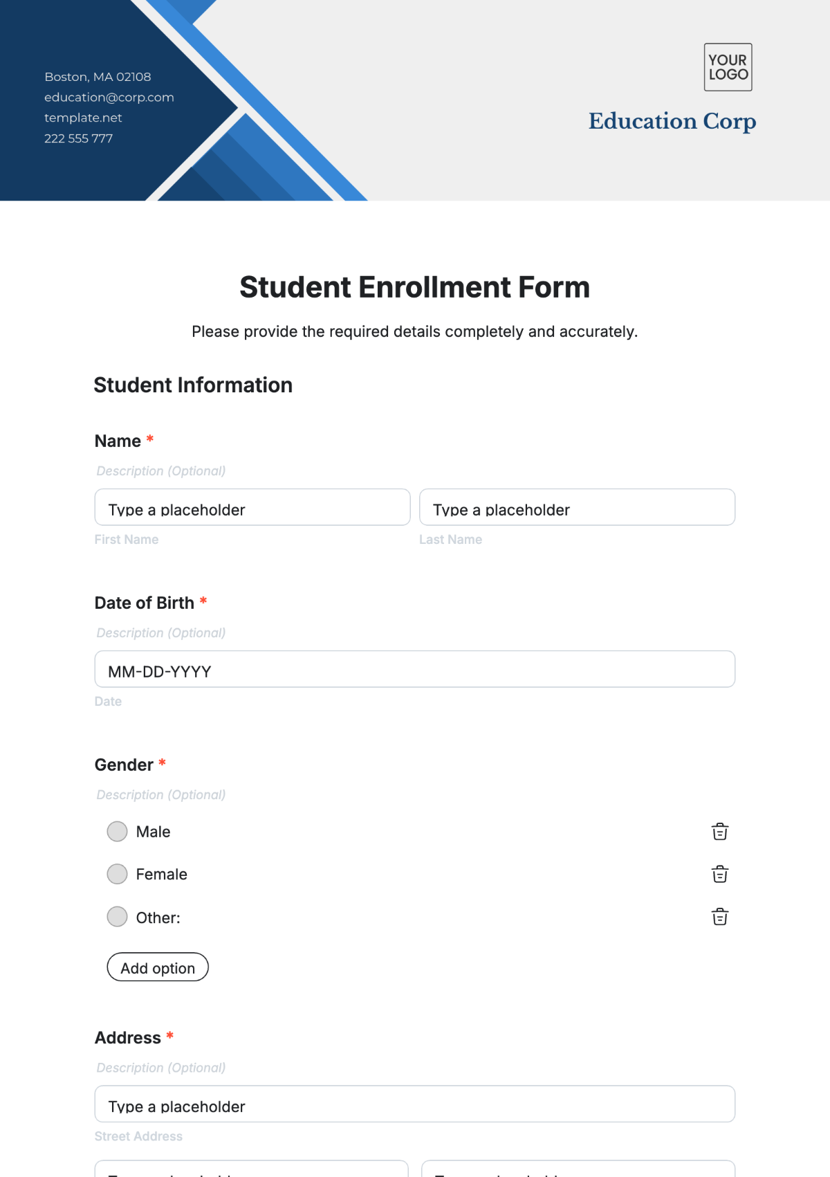 Free Student Enrollment Form Template To Edit Online