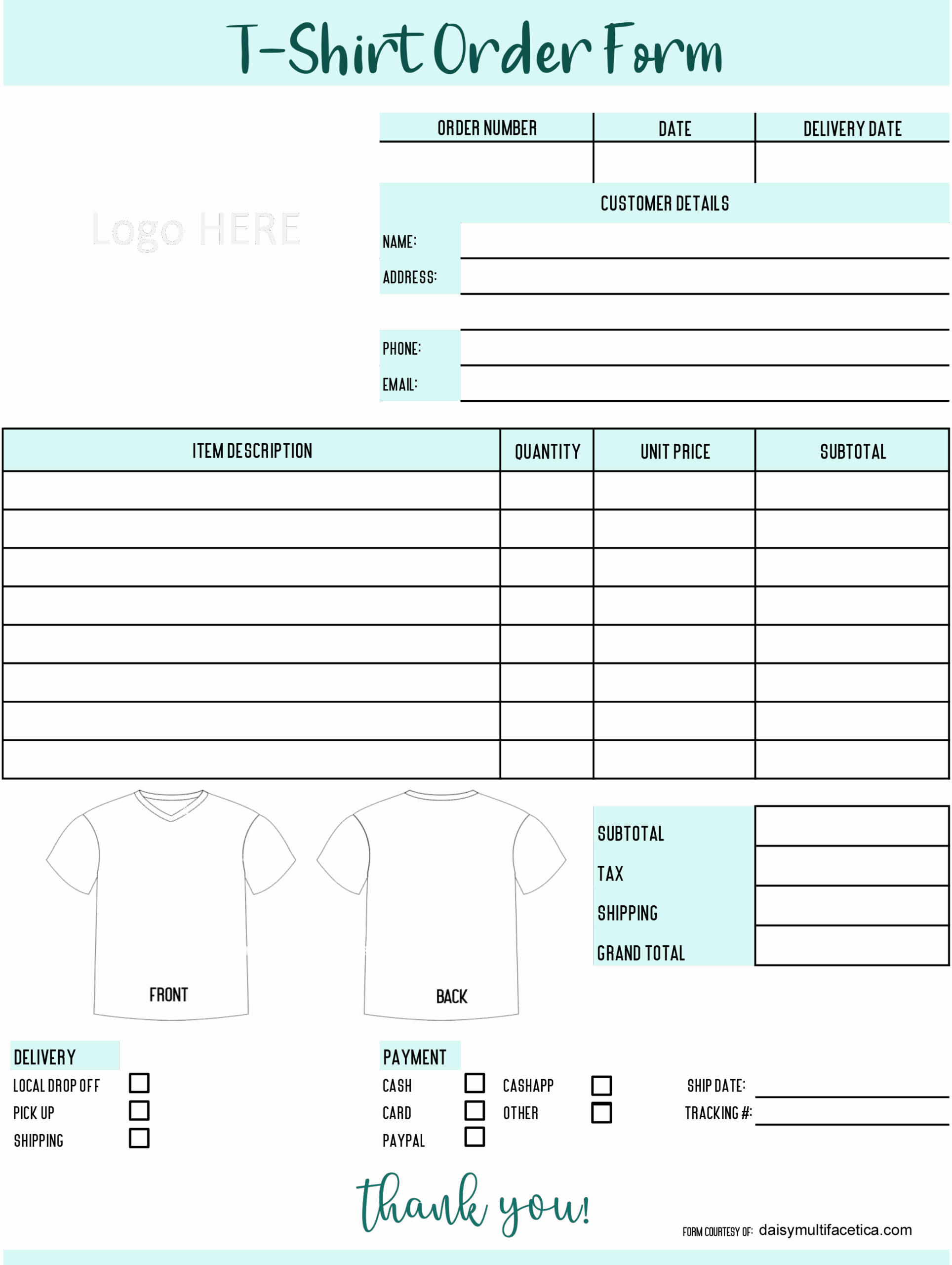 Tee Shirt Order Form Template