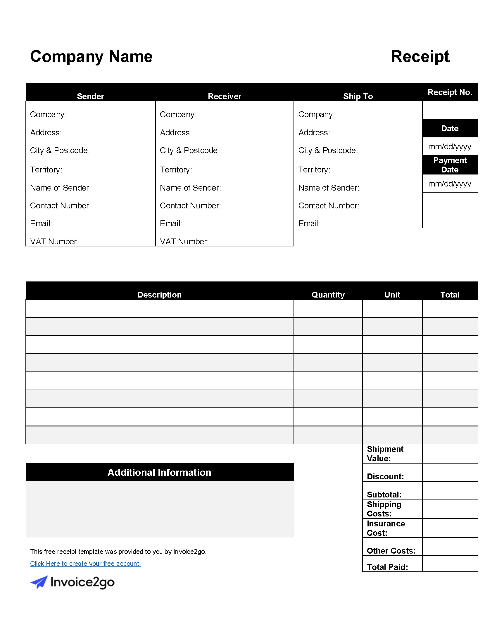 Free Receipt Form Template