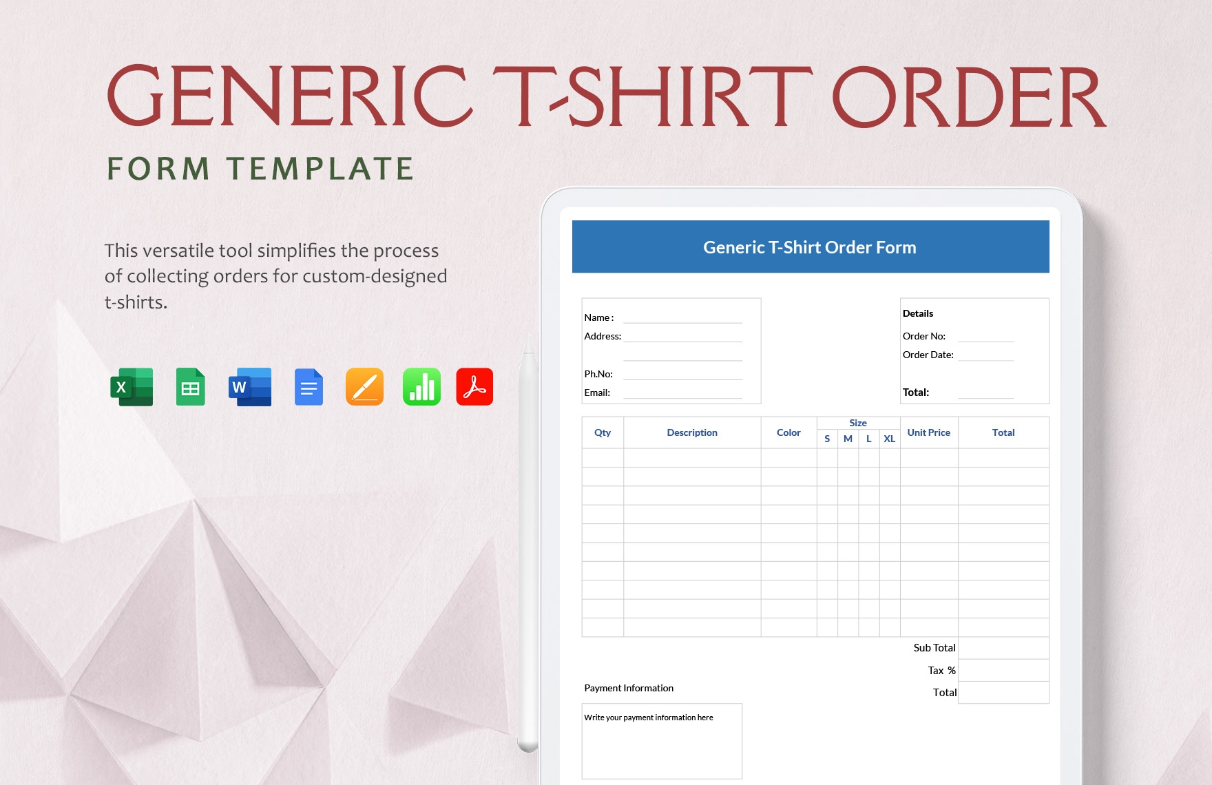 Generic T Shirt Order Form Template In Word Excel PDF Apple Pages Apple Numbers Google Docs Google Sheets Download Template