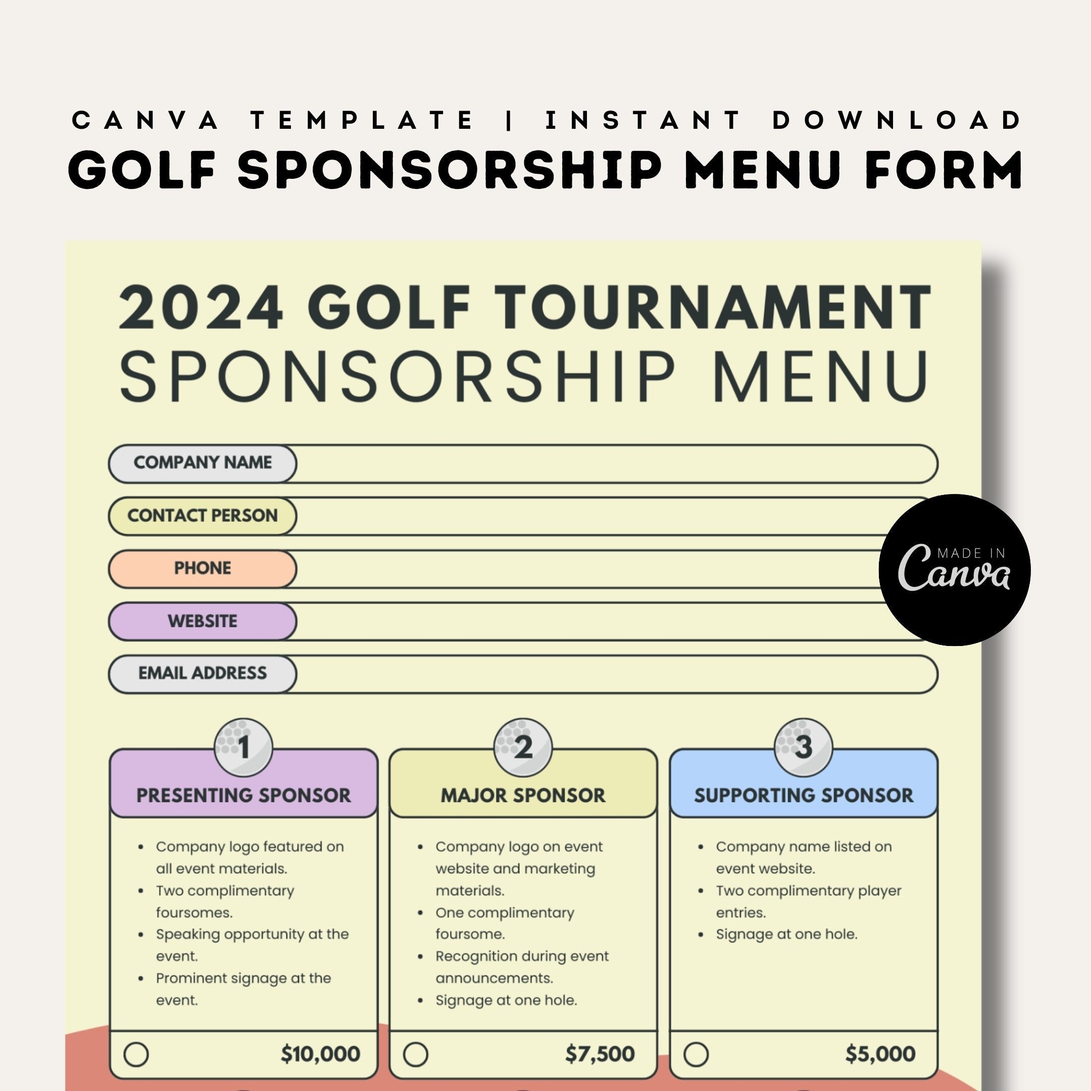 Golf Event Sponsorship Form Editable Canva Template Fundraiser Sponsor Flyer Charity Golf Tournament Sponsorships Menu Etsy