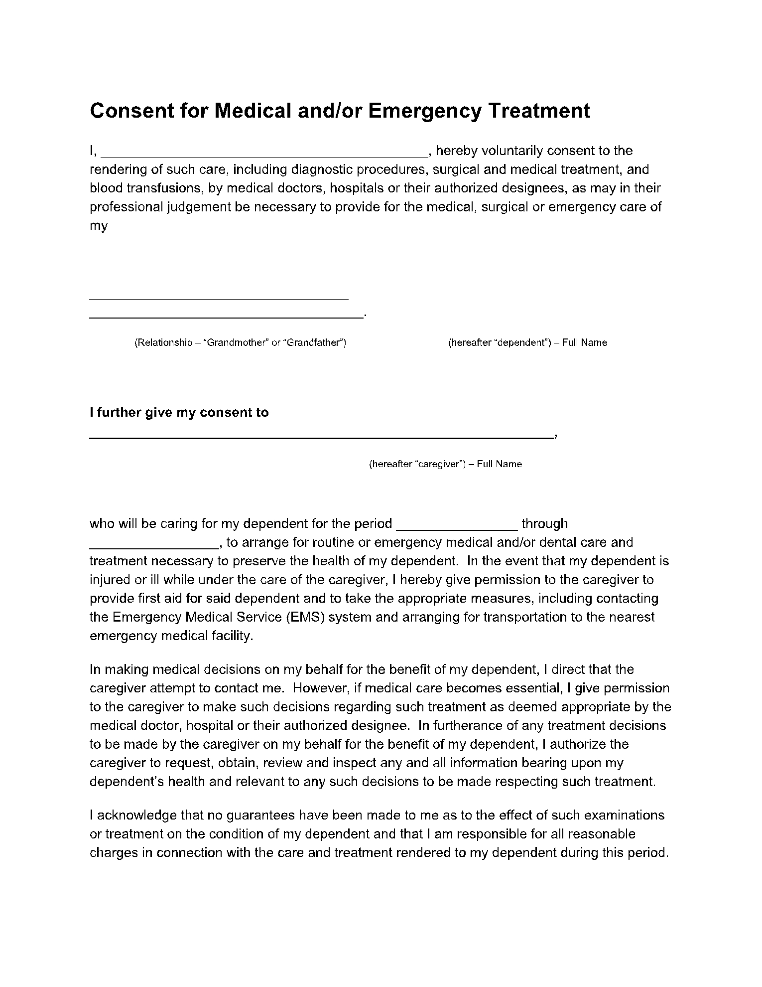 Medical Consent Form For Grandparents Template
