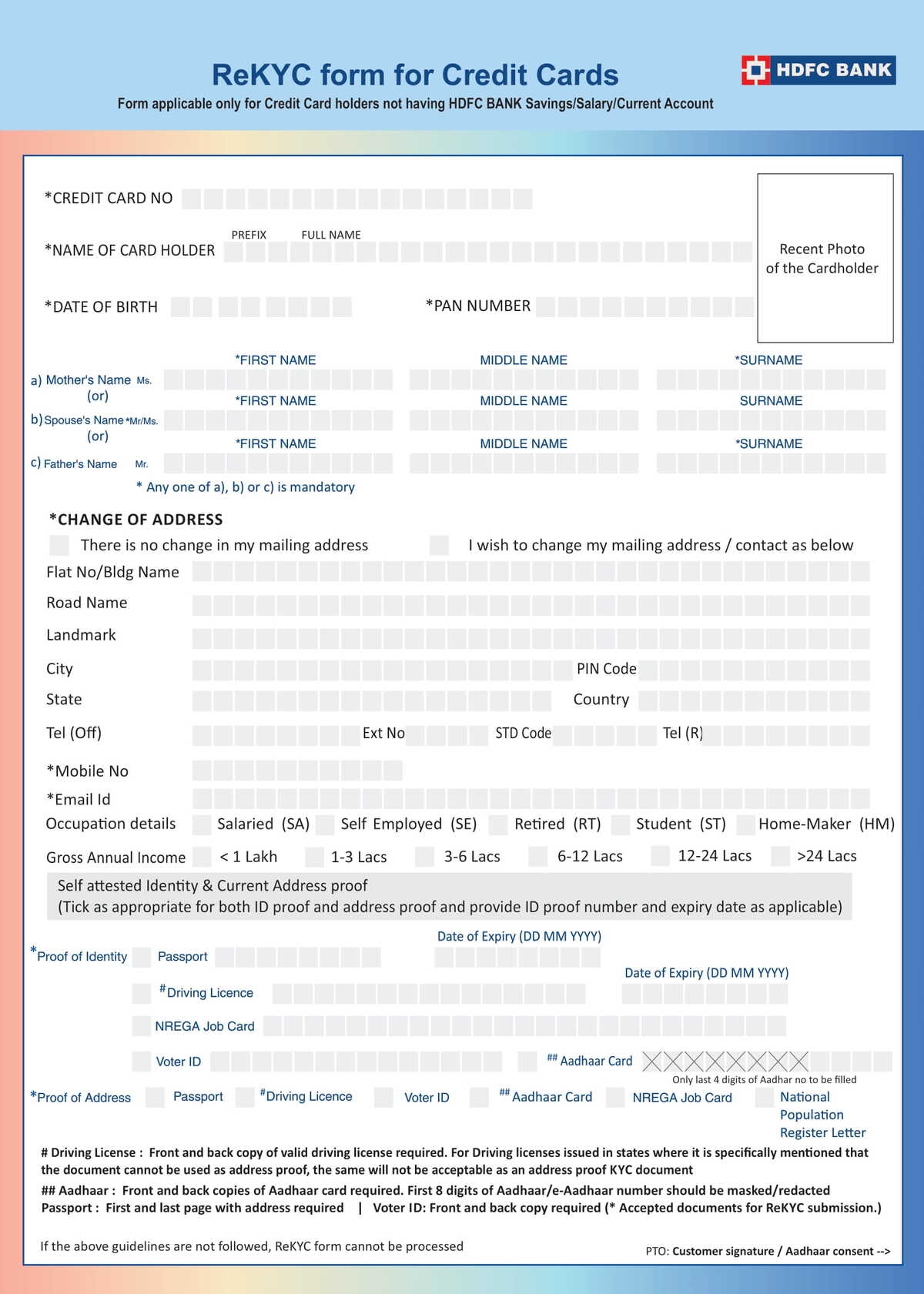 HDFC Bank Re KYC Form For Credit Cards Download In PDF