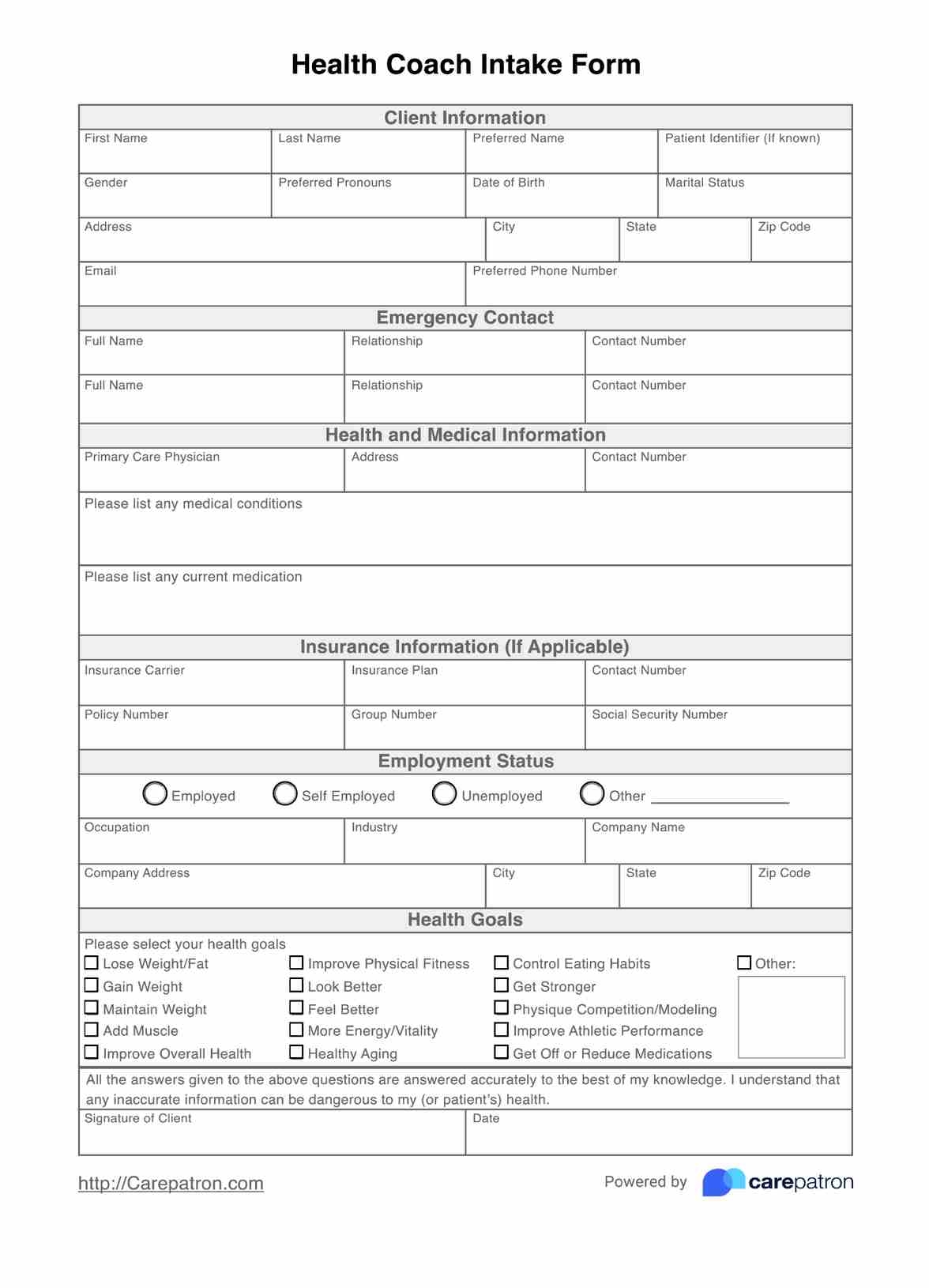 Health Coach Intake Form U0026 Template Free PDF Download