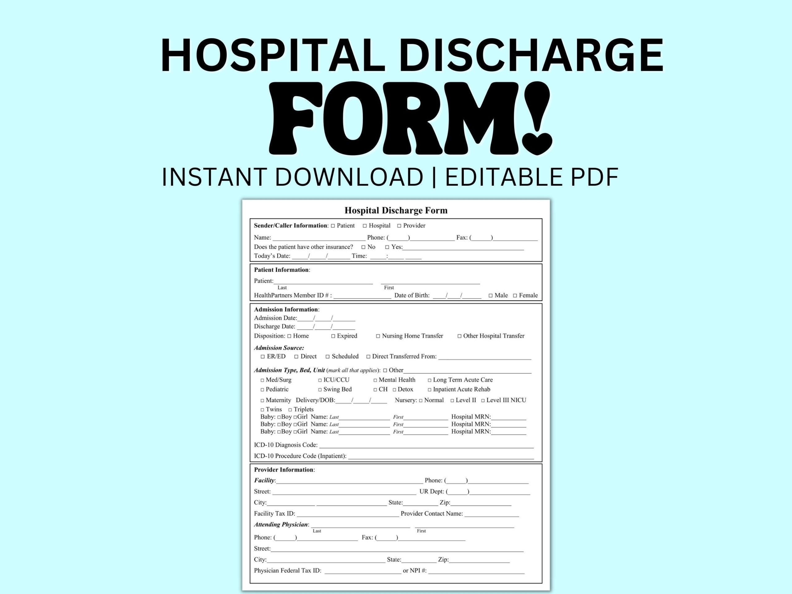 Hospital Discharge Form Editable PDF Template For Medical Offices Doctors Providers Instant Download Patient Medical Form PDF Etsy Ireland