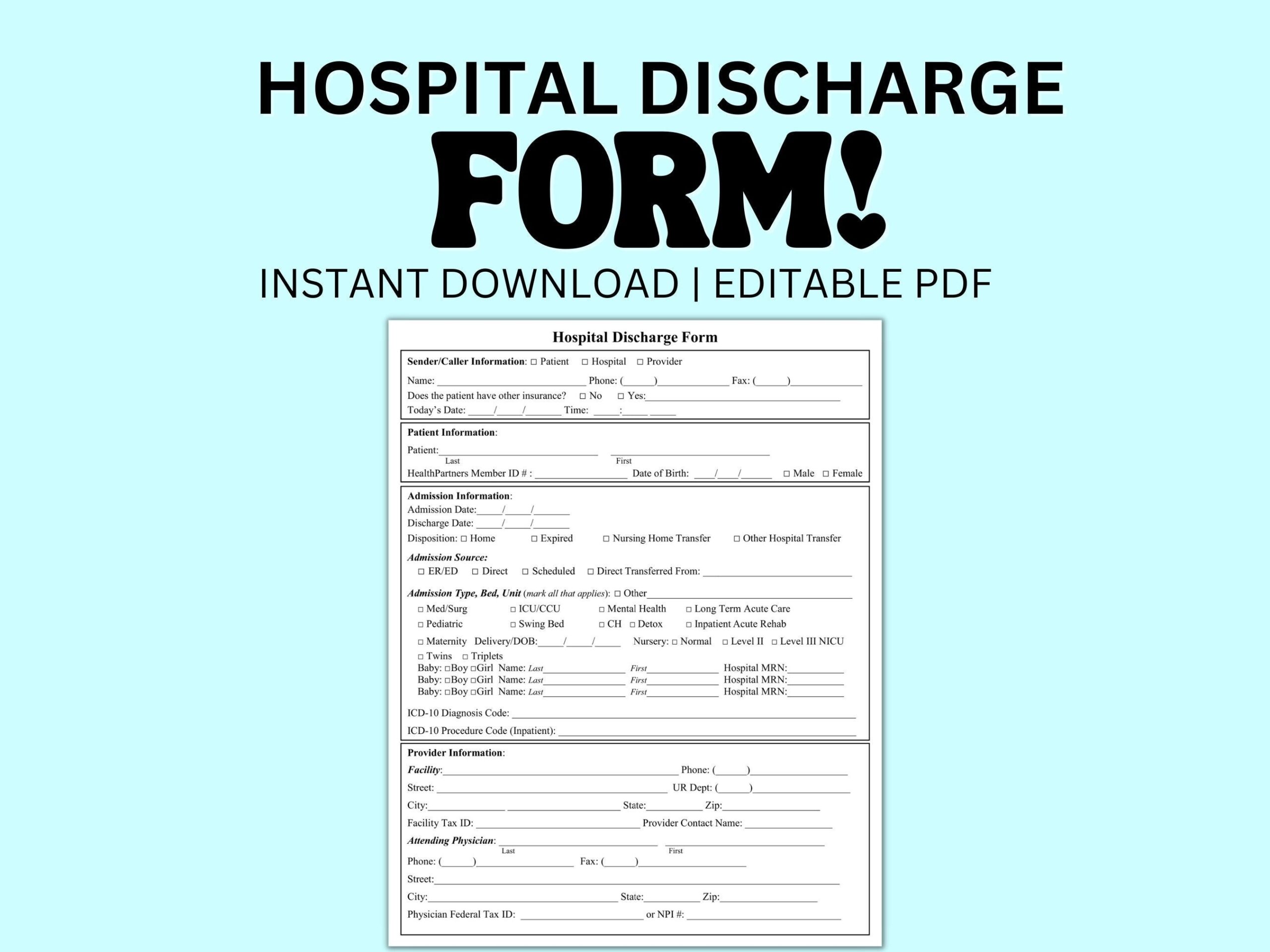 Hospital Discharge Form Editable PDF Template For Medical Offices Doctors Providers Instant Download Patient Medical Form PDF Etsy Ireland