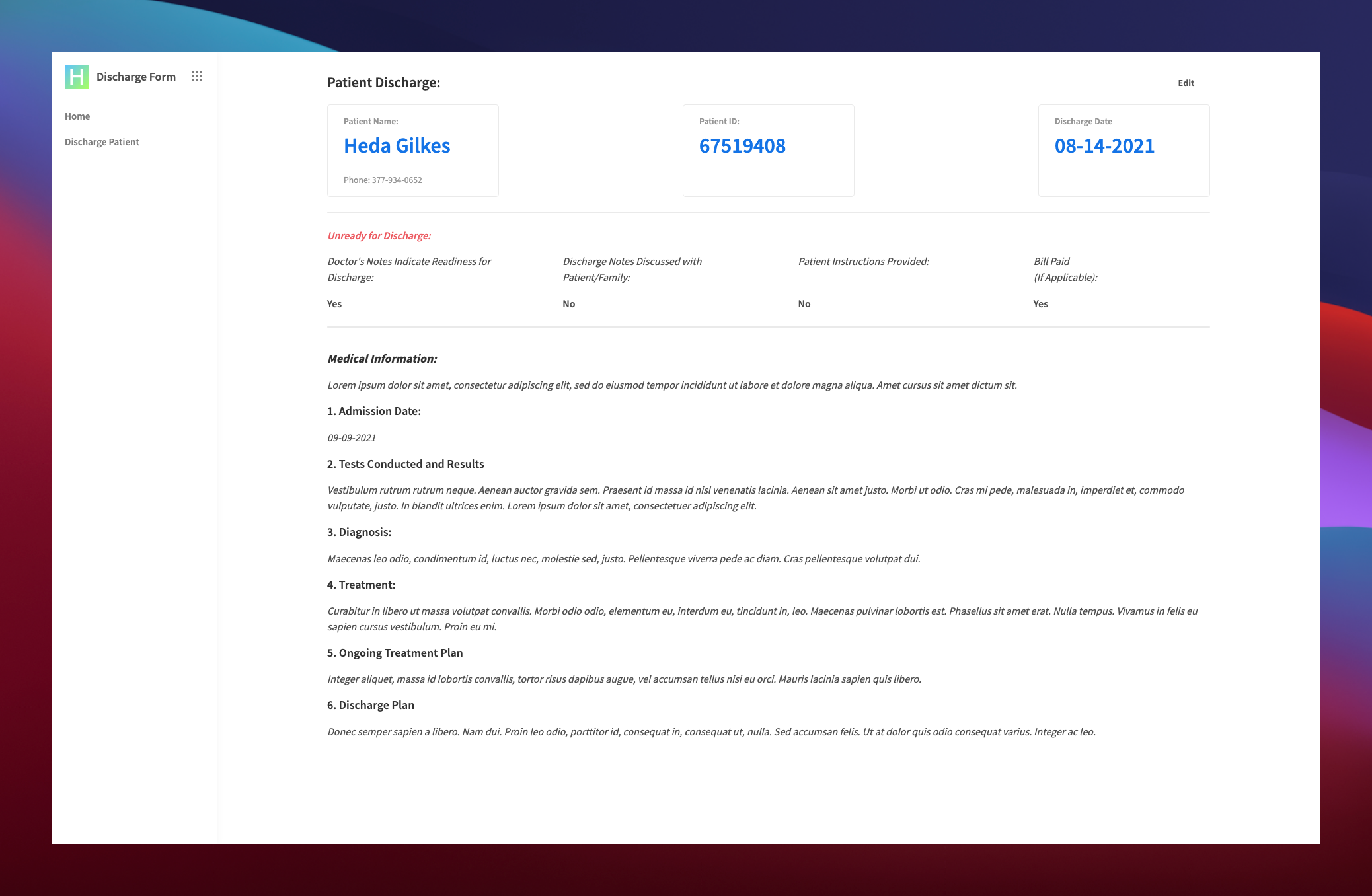 Discharge Form From Hospital Template