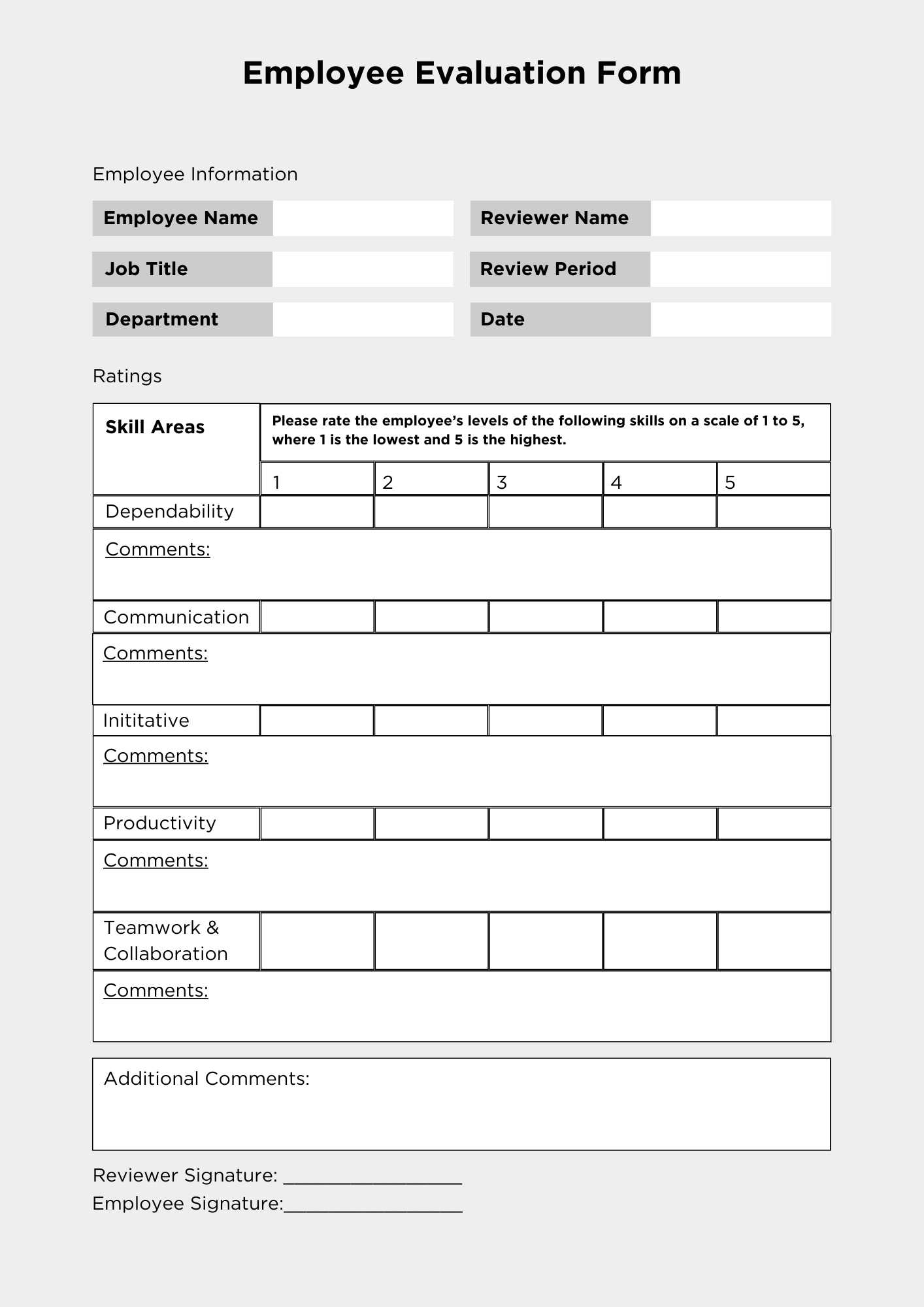 Employee Evaluation Form Templates