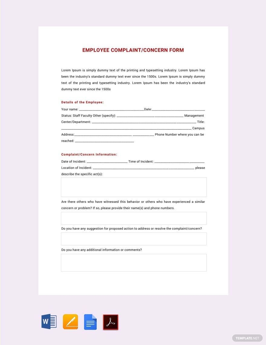HR Employee Complaint Concern Form Template In Word Pages PDF Google Docs Download Template