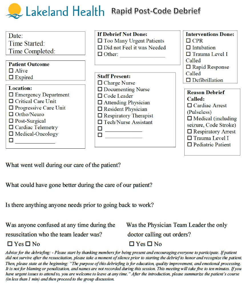 Implementation Of A Rapid Post Code Debrief Quality Improvement Project In A Community Emergency Department Setting Published In Spartan Medical Research Journal