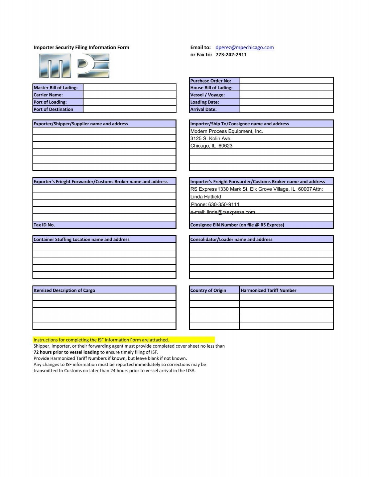 Importer Security Filing Information Instructions U0026 Form Modern 