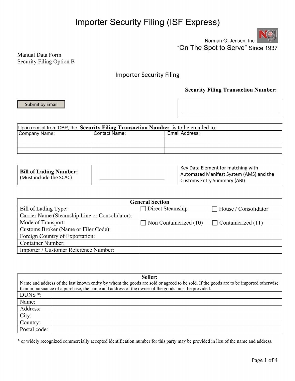 Importer Security Filing ISF Express Norman G Jensen