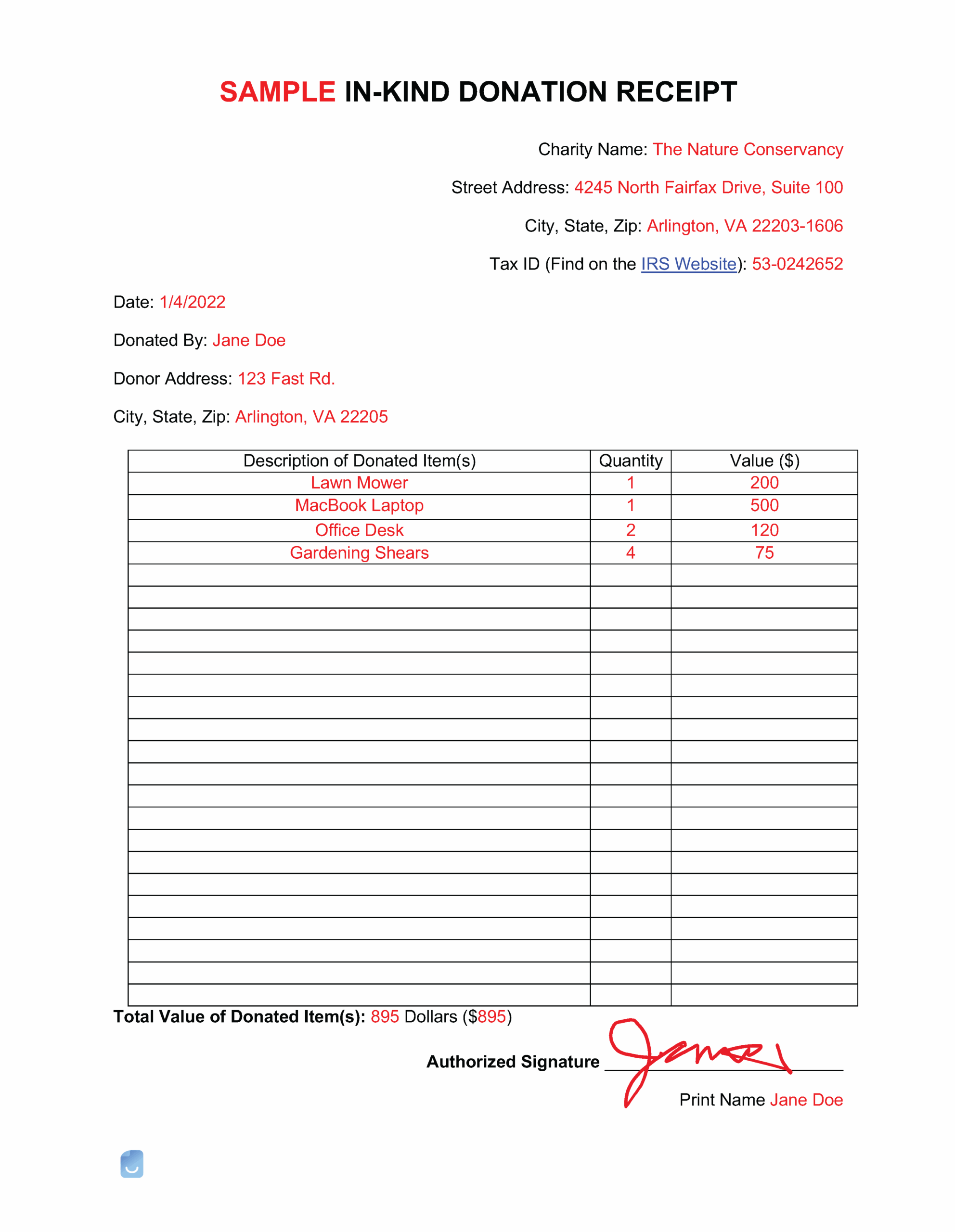 In Kind Donation Receipt Template Invoice Maker