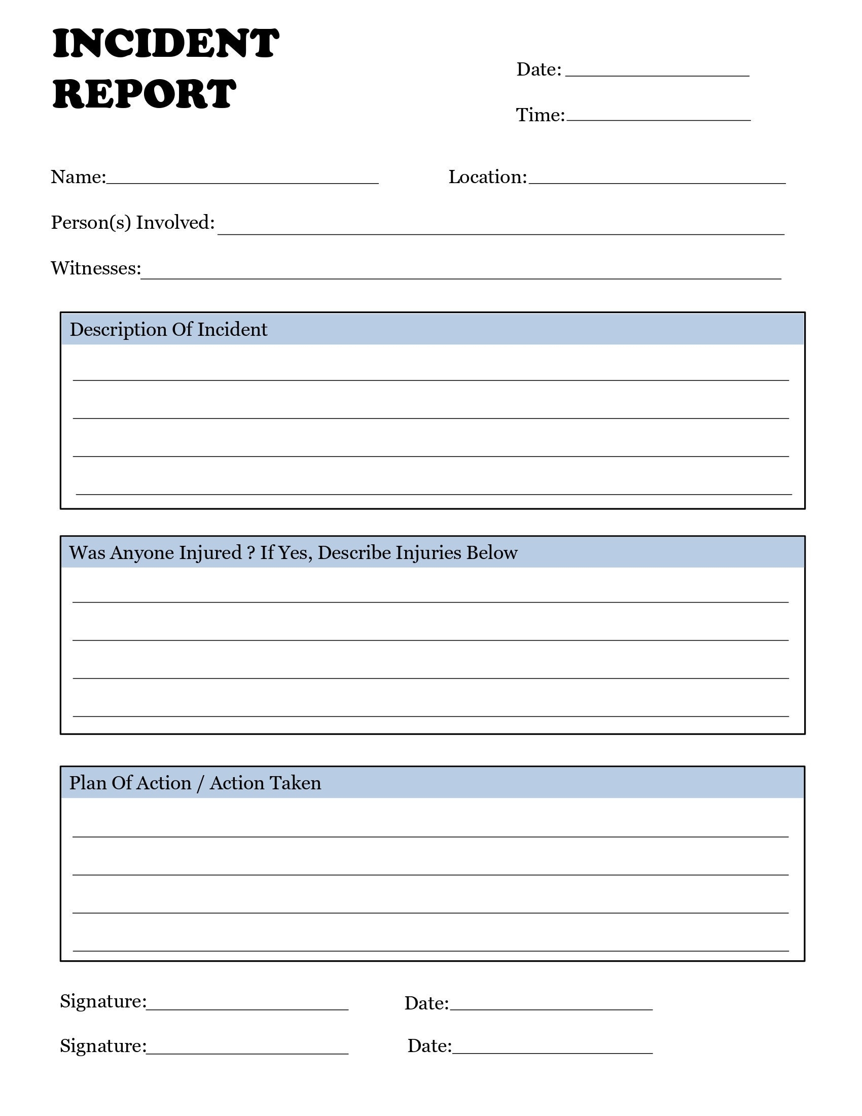 Incident Report Form Incident Reporting Template Incident Form Health And Safety Accident Investigating Report Sheet Incident Form
