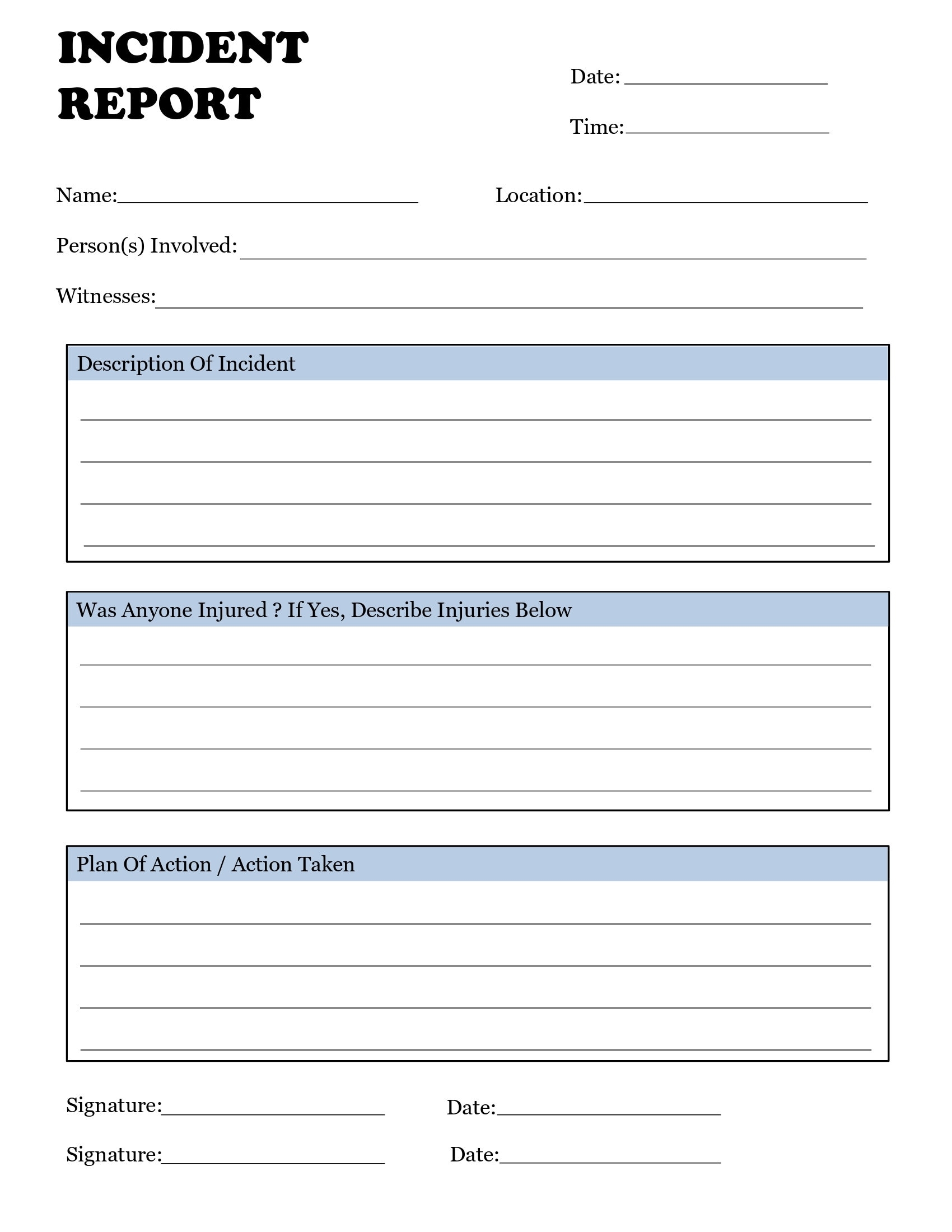 Incident Report Form Incident Reporting Template Incident Form Health And Safety Accident Investigating Report Sheet Incident Form