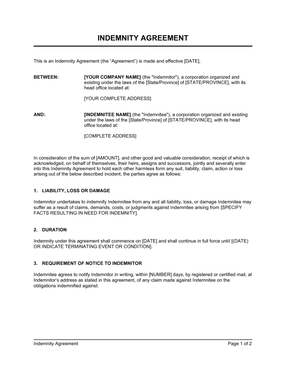 Indemnity Agreement Template