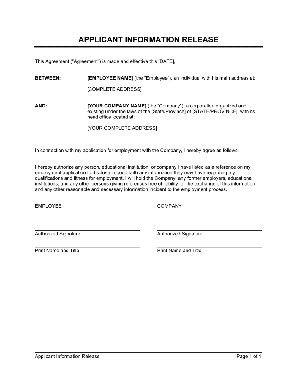 Information Release Authorization Template