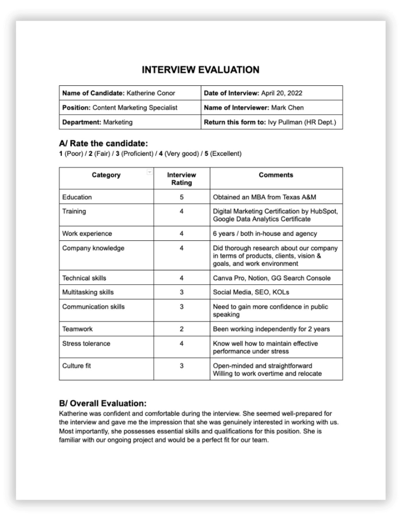 Interview Evaluation Form Guidelines U0026 Samples Cake