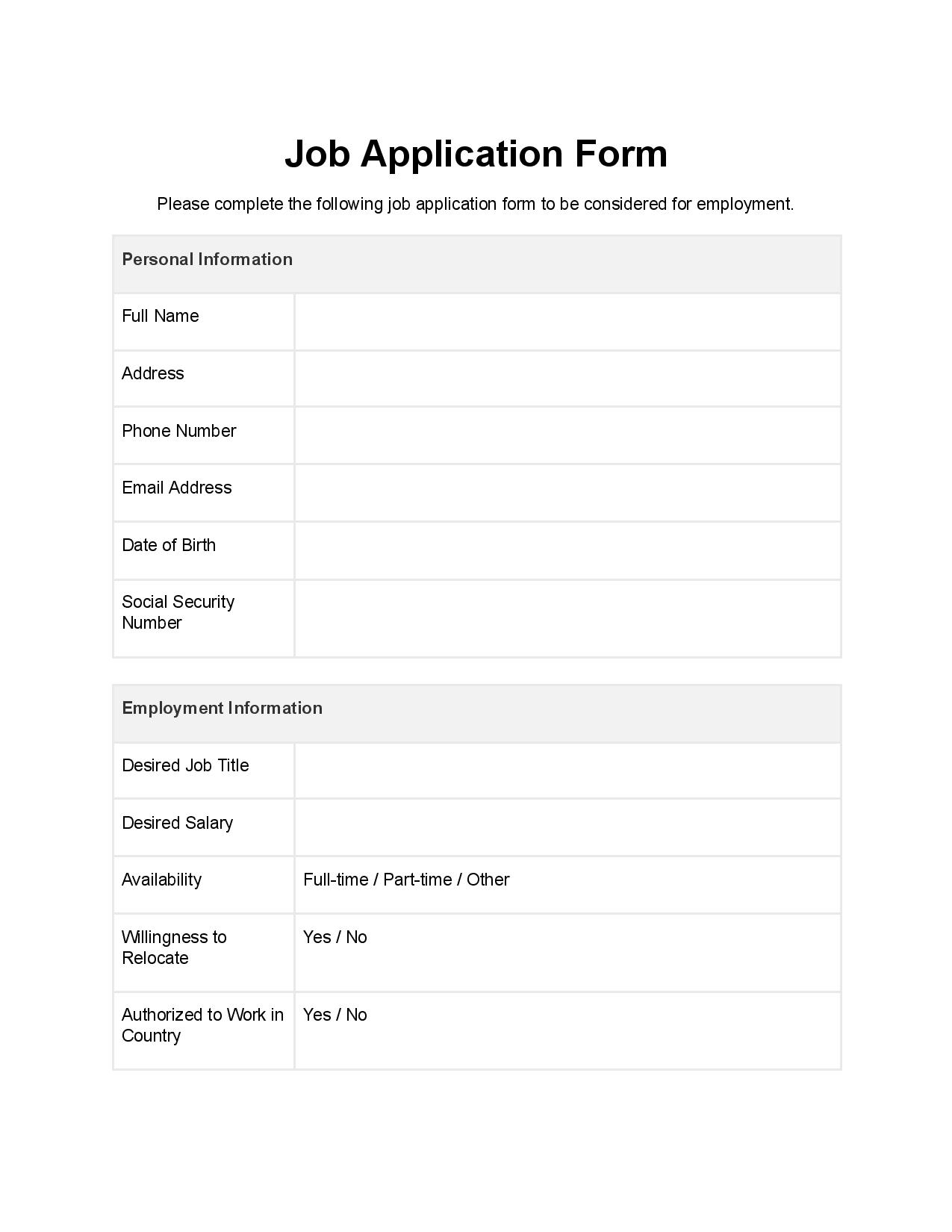 Word Document Form Template