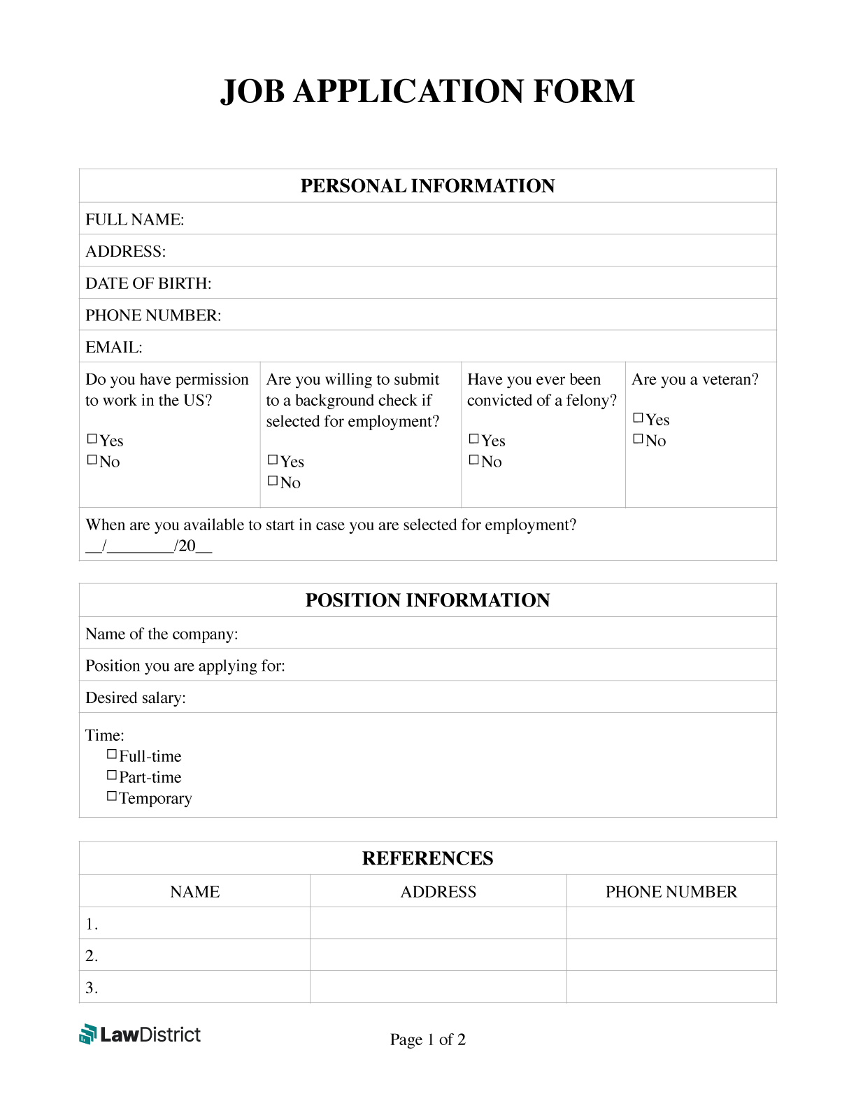 Template Of Job Application Form