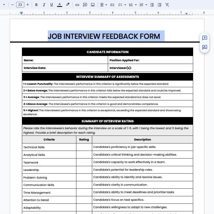 Job Interview Feedback Form Template Human Resources Interview Evaluation Form Template Interview Assessment Form Candidate Feedback Survey