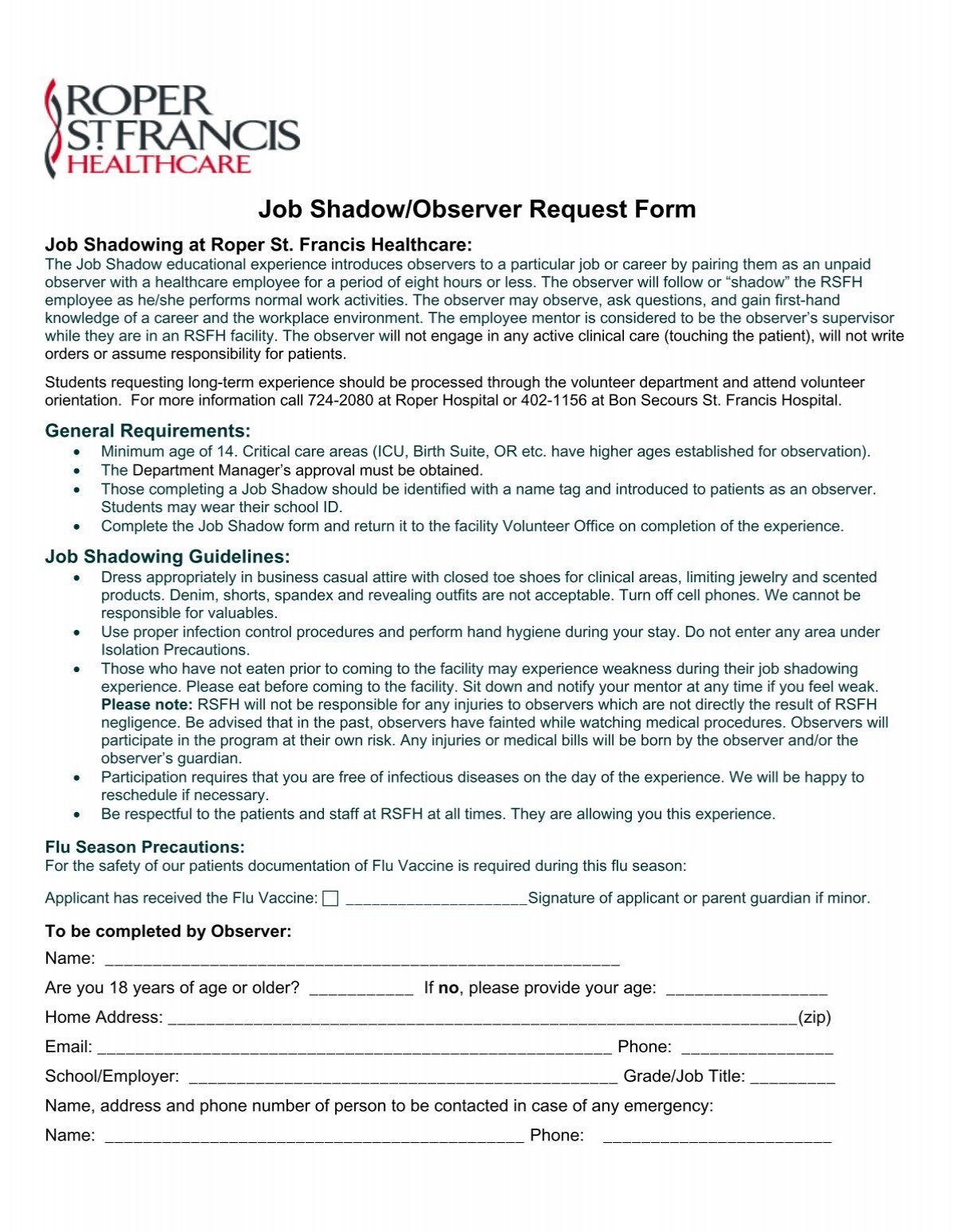 Job Shadow Form Roper St Francis Healthcare