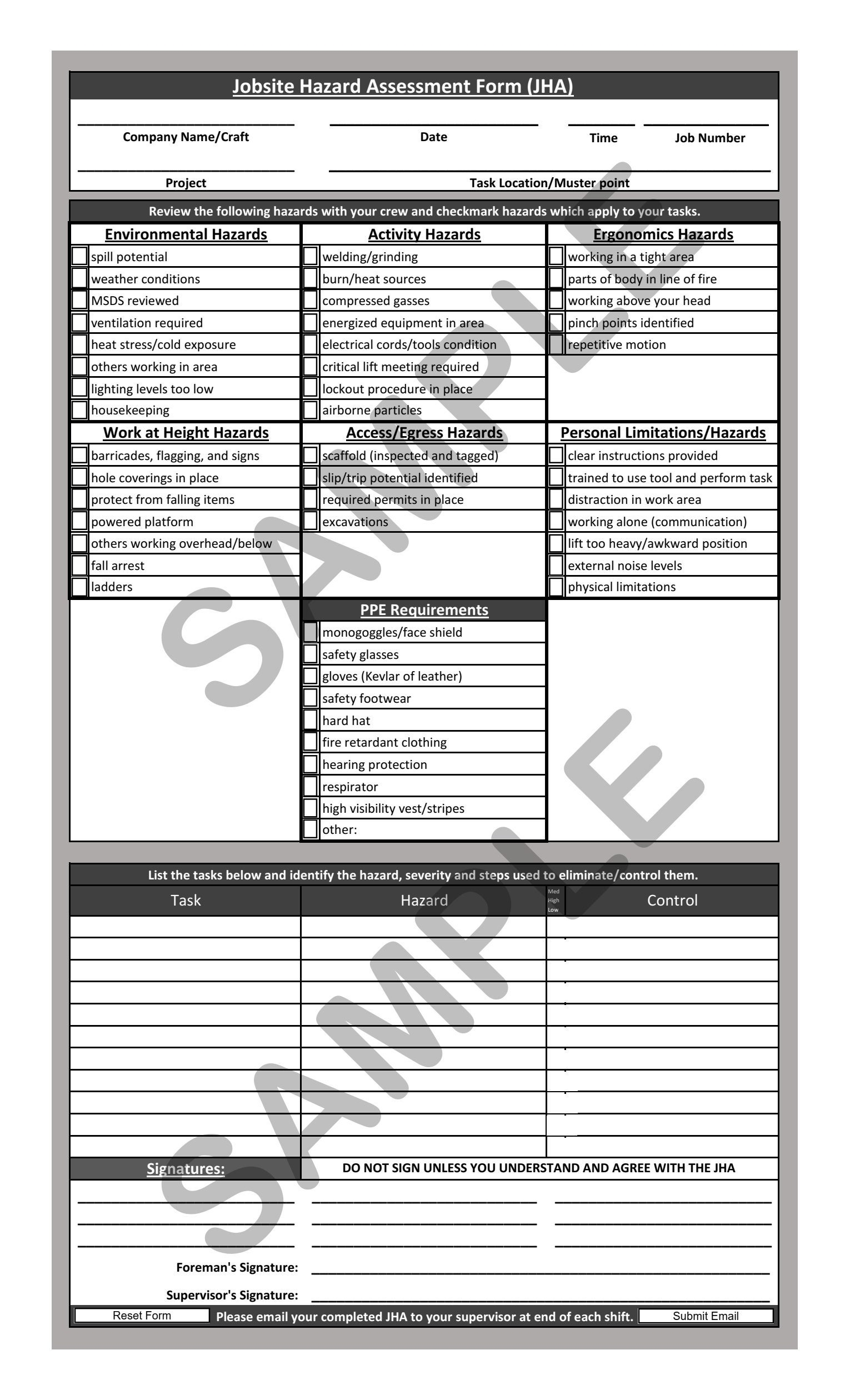 Jobsite Hazard Assessment JHA Form Fillable PDF