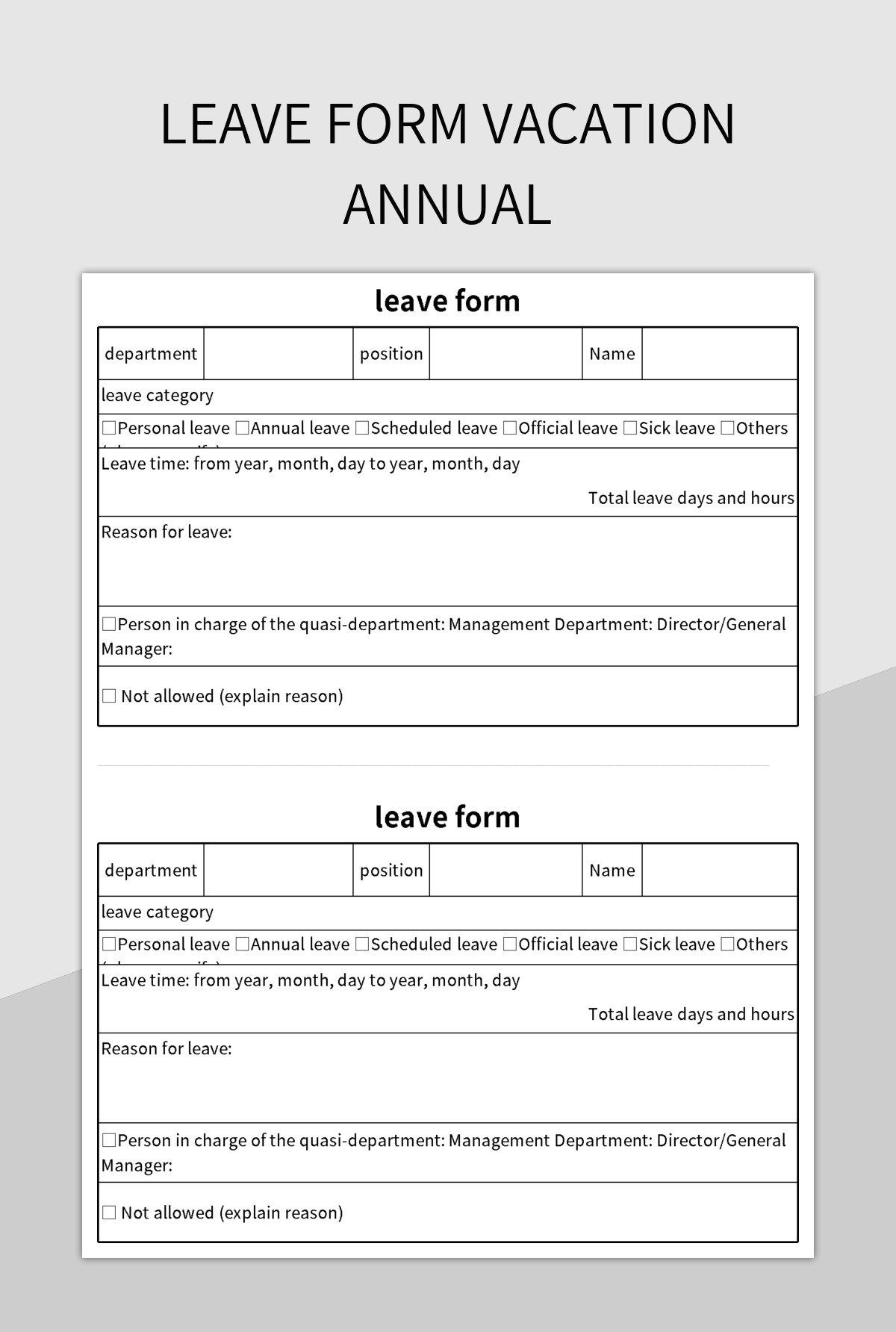 Leave Form Vacation Annual Excel Template And Google Sheets File For Free Download Slidesdocs