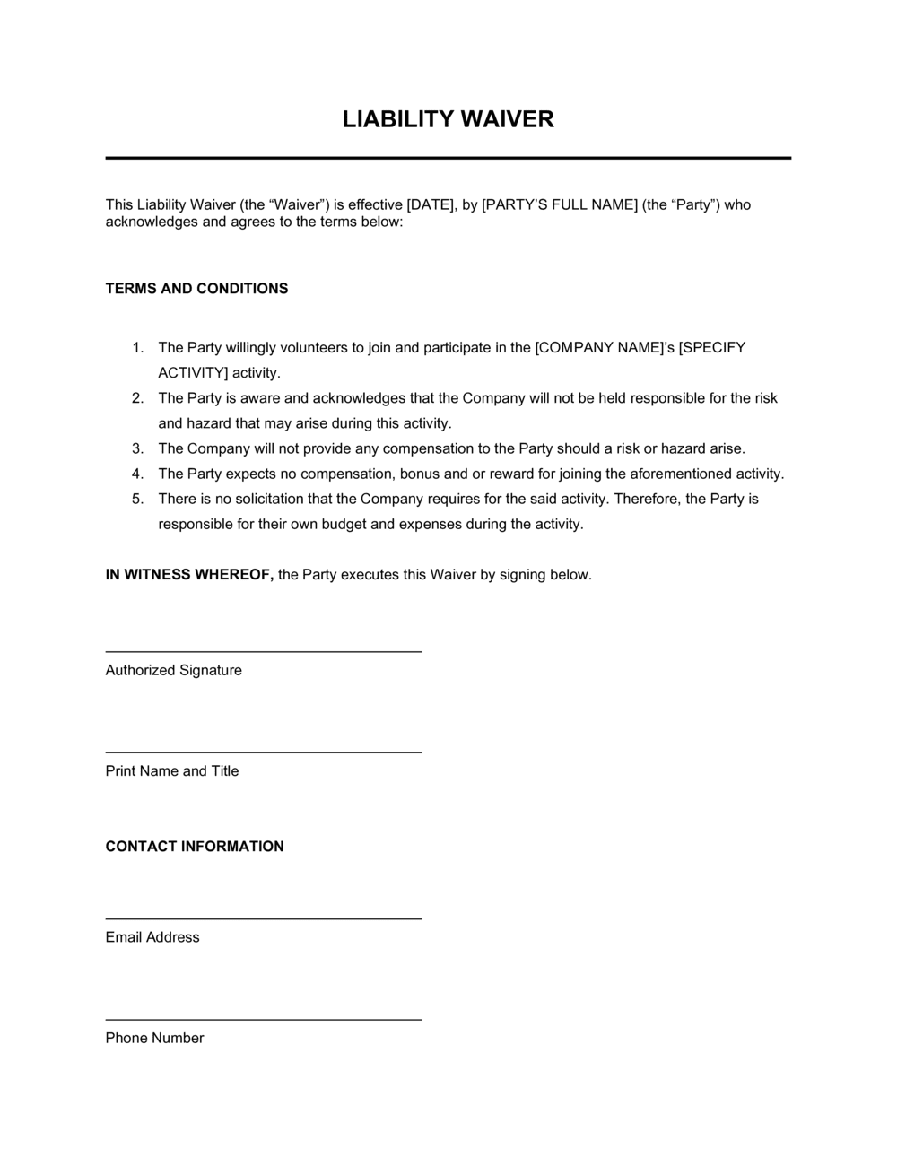 Liability Waiver Template