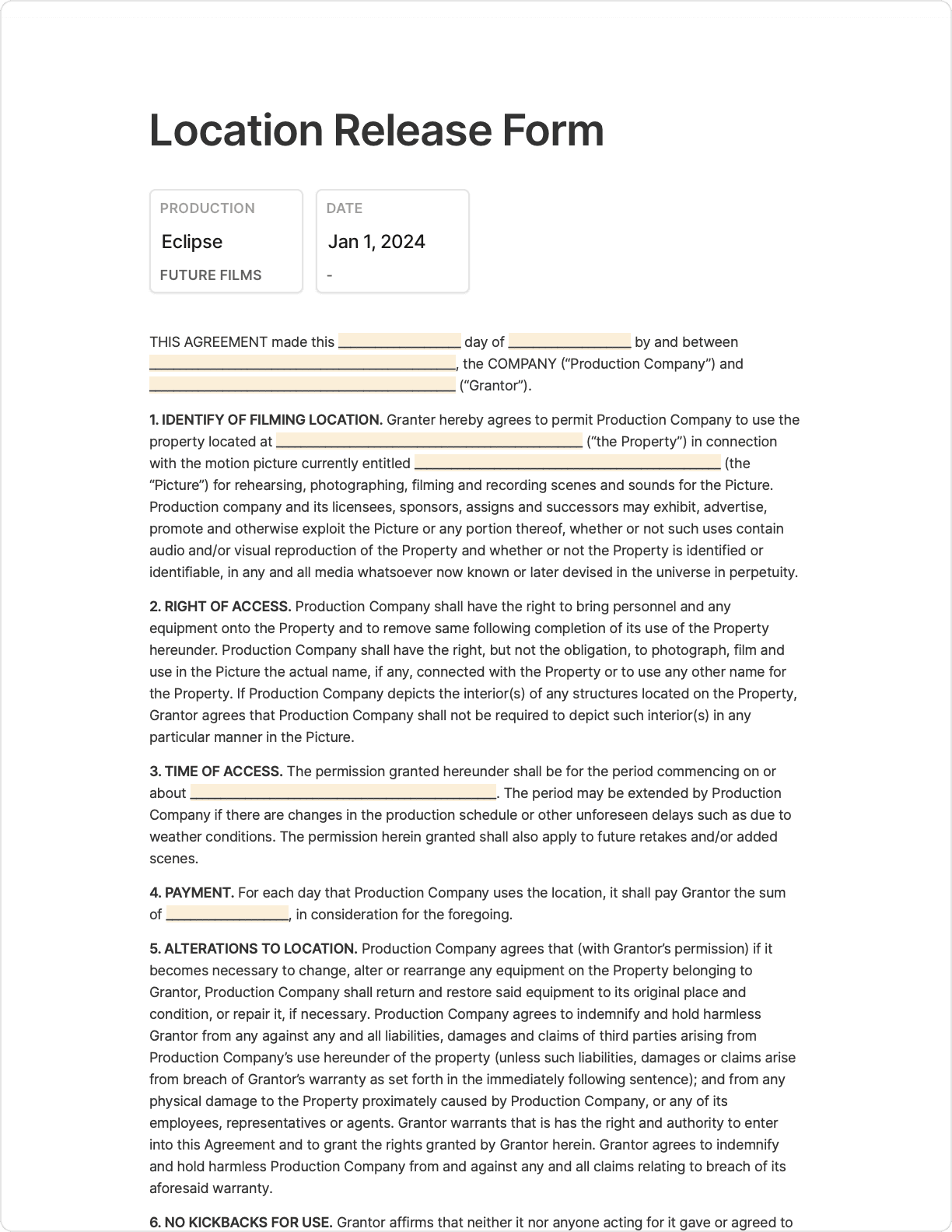 Location Release Form Template