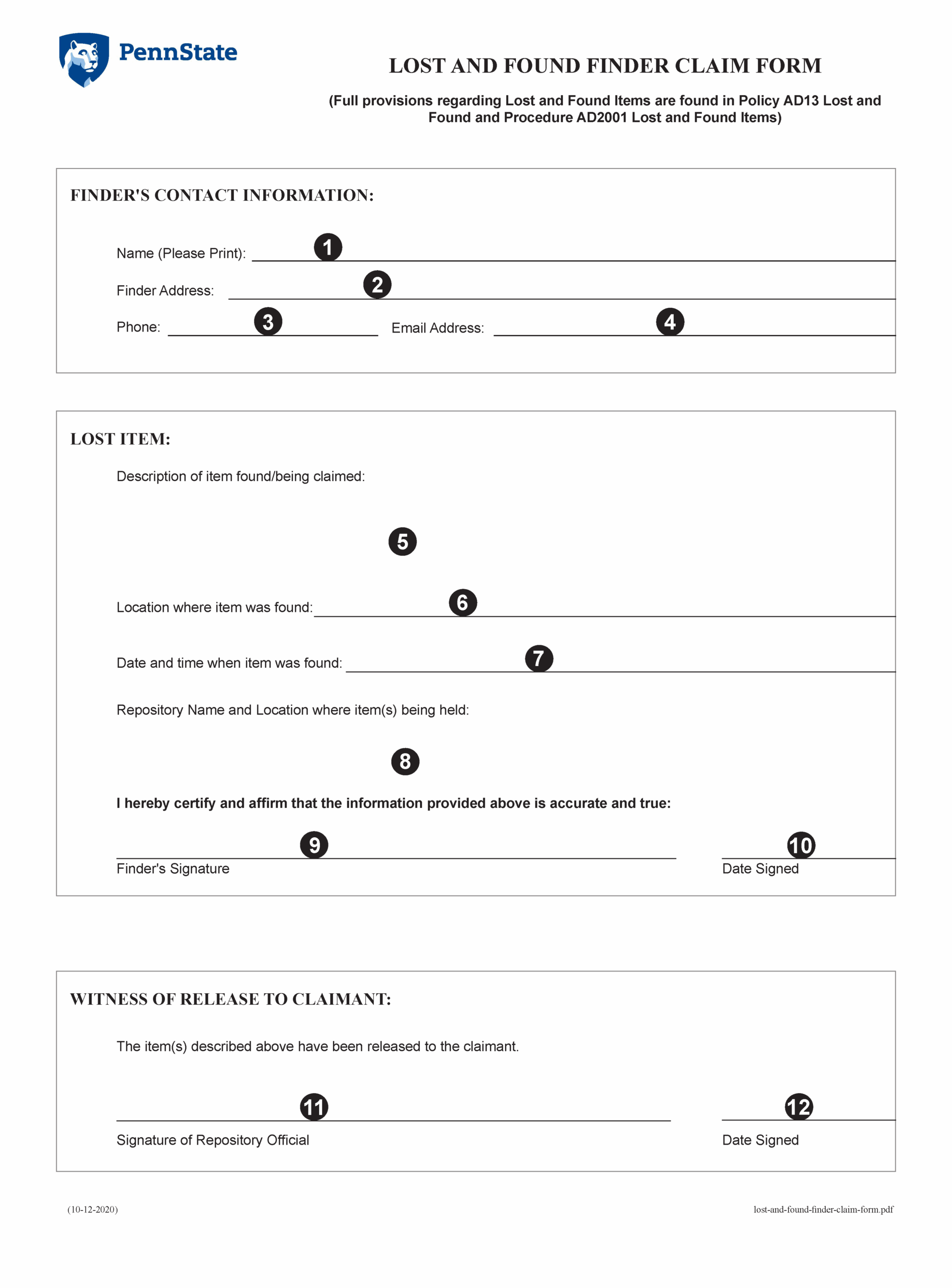 LOST AND FOUND FINDERS CLAIM FORM EXHIBIT
