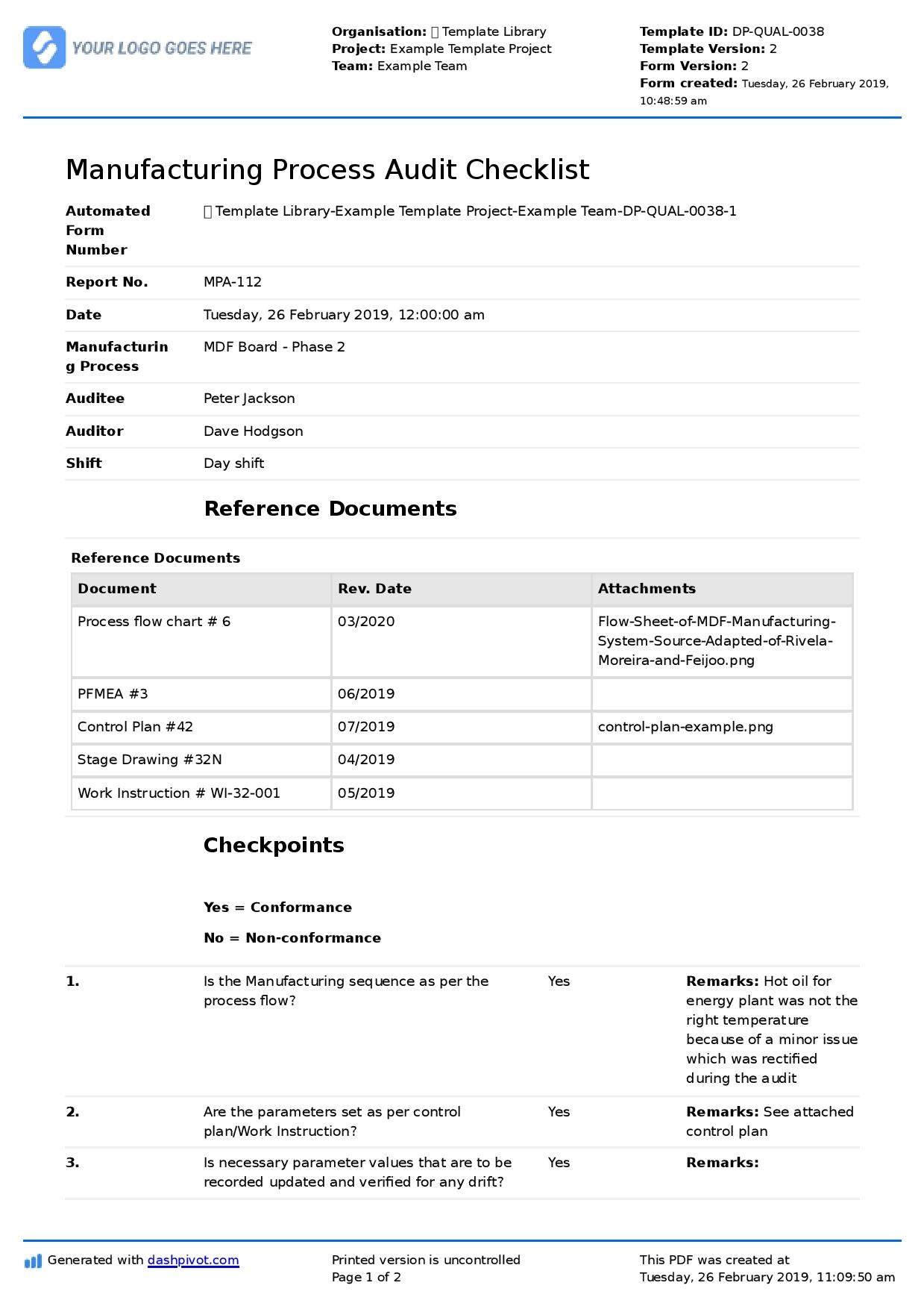 Manufacturing Process Audit Checklist Template Free To Download