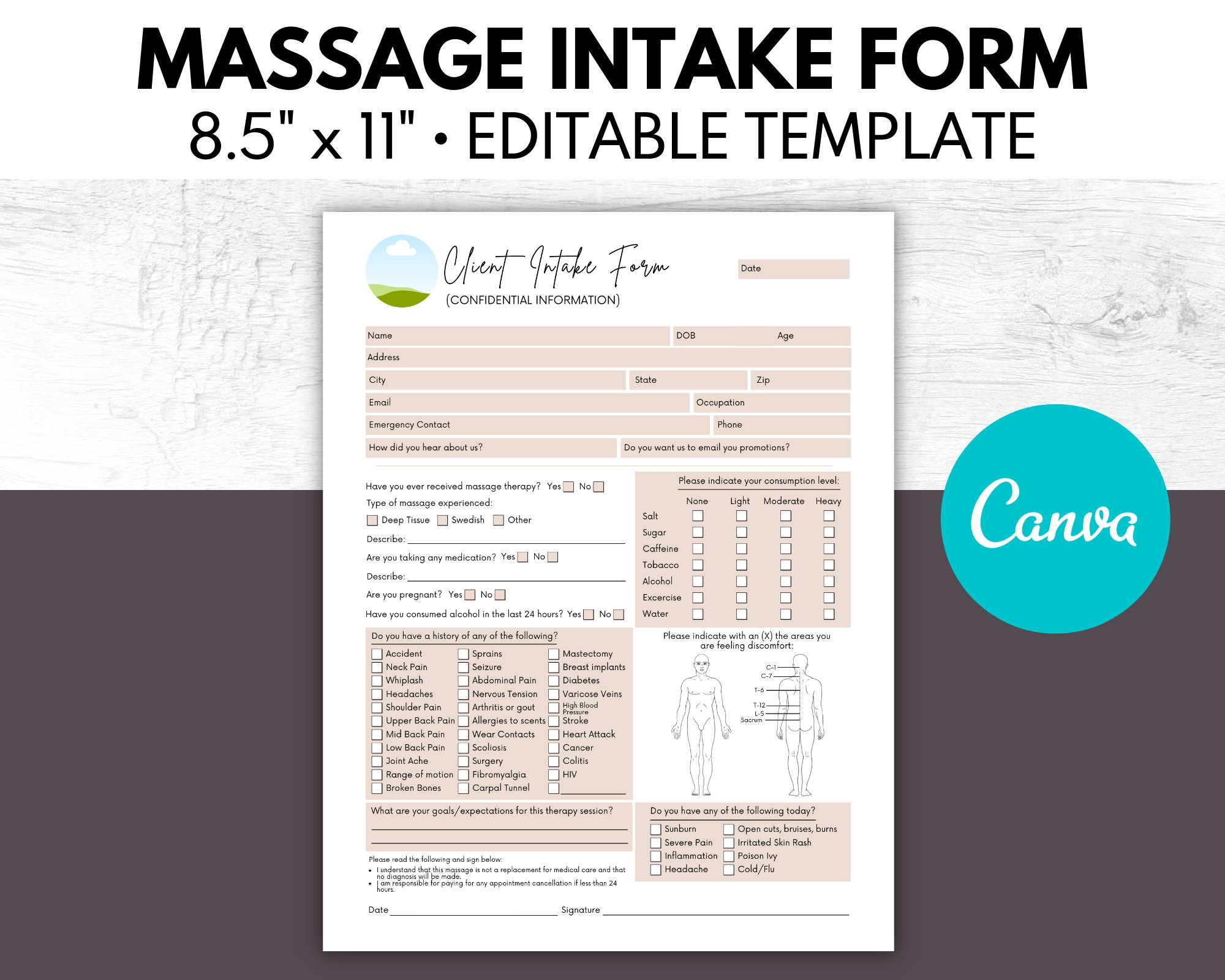 Massage Intake Form Massage Consent Form Massage Therapist Esthetician Business Form Medical History Form Customize In Canva Etsy Israel