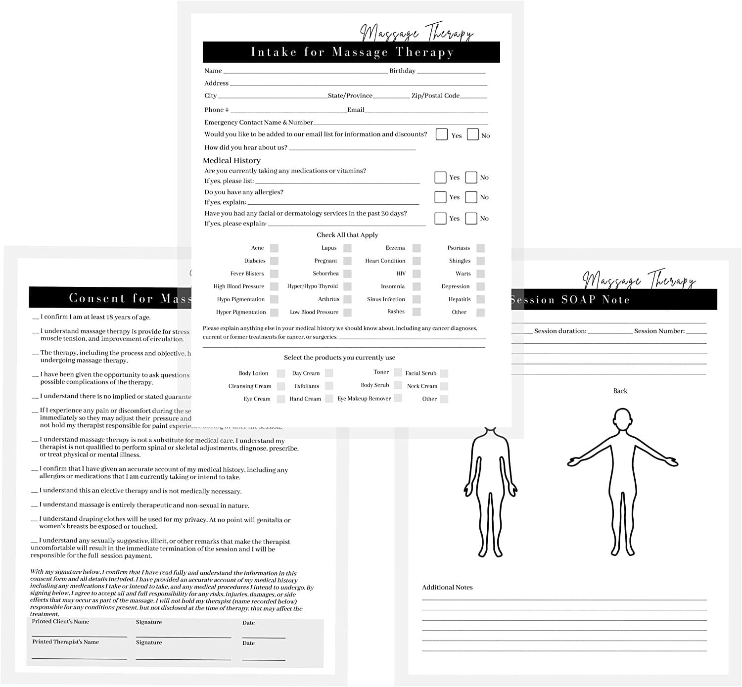 Massage Therapist Consent Intake Soap Note Forms 75 Pack 8 5 X 11 A1 Forms Massage Therapy Supplies Minimalist Design Walmart