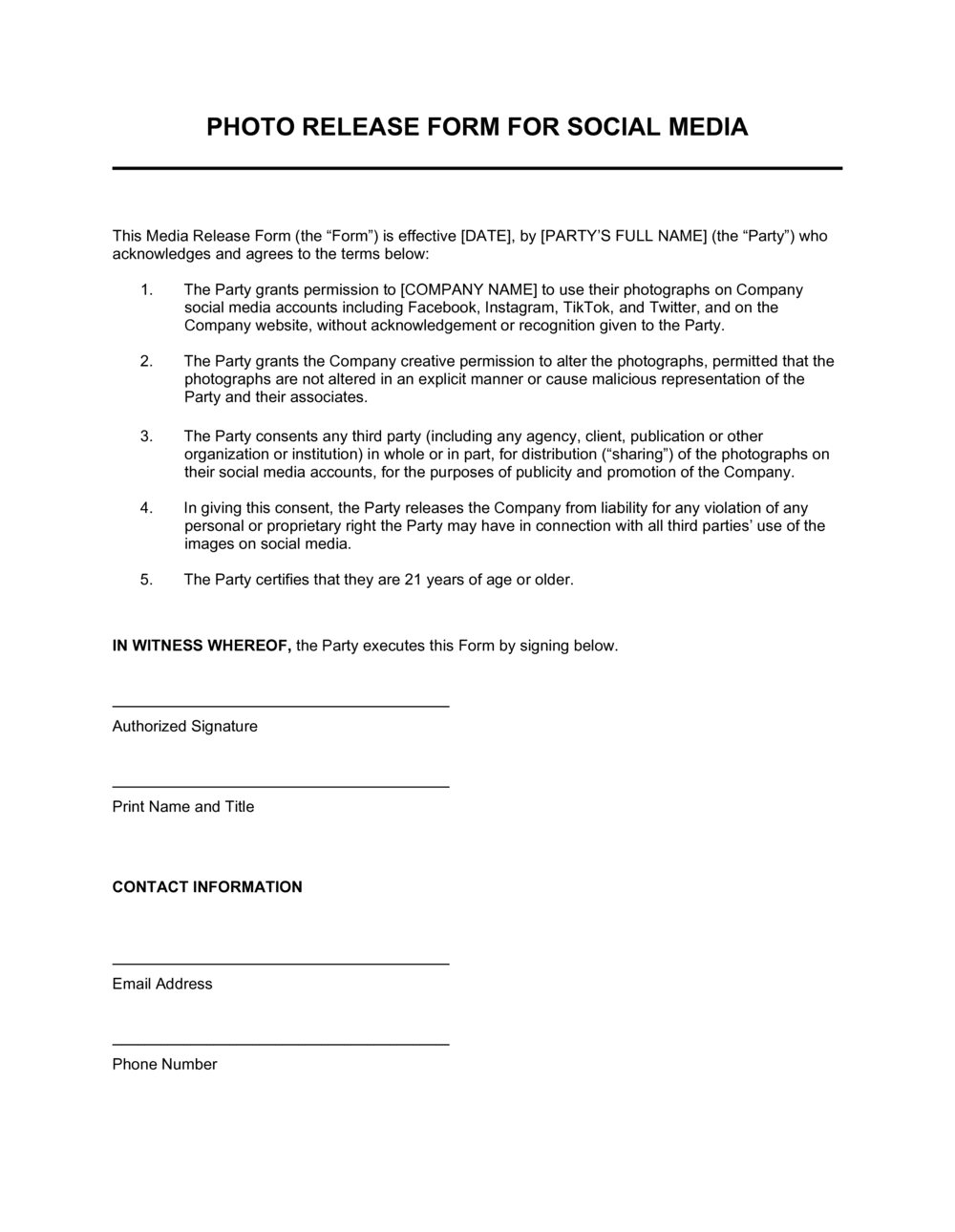 Media Release Form For Social Media Template