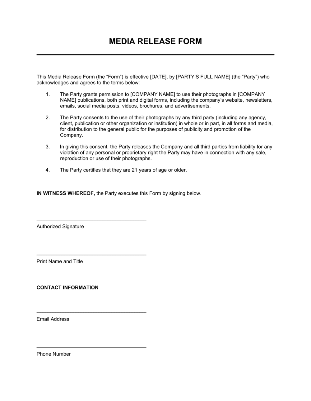 Media Release Form Template